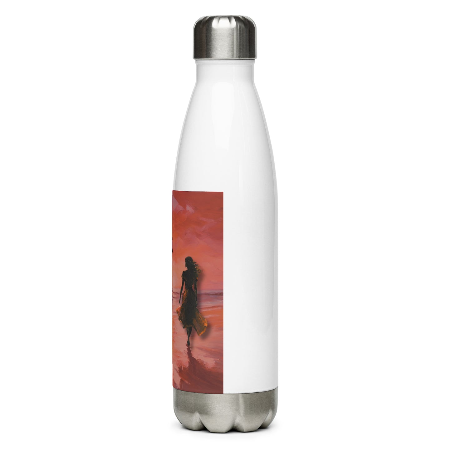 'Scarlet Sunsets' stainless steel water bottle with impressionist oil style artwork and original poem by writer Sally Meeson