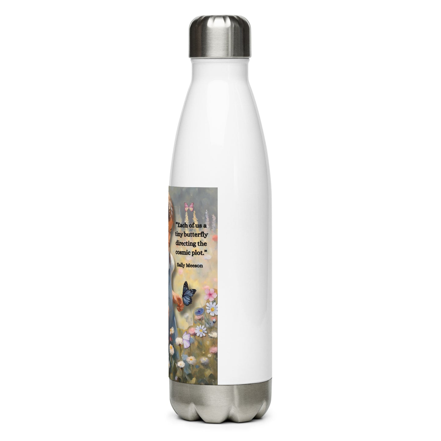 'Tiny Butterfly' stainless steel water bottle with impressionist oil style artwork and original quote by writer Sally Meeson