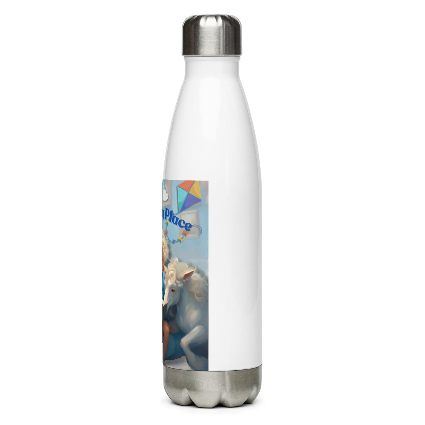 'My Happy Place' child's blue stainless steel water bottle with impressionist oil style artwork