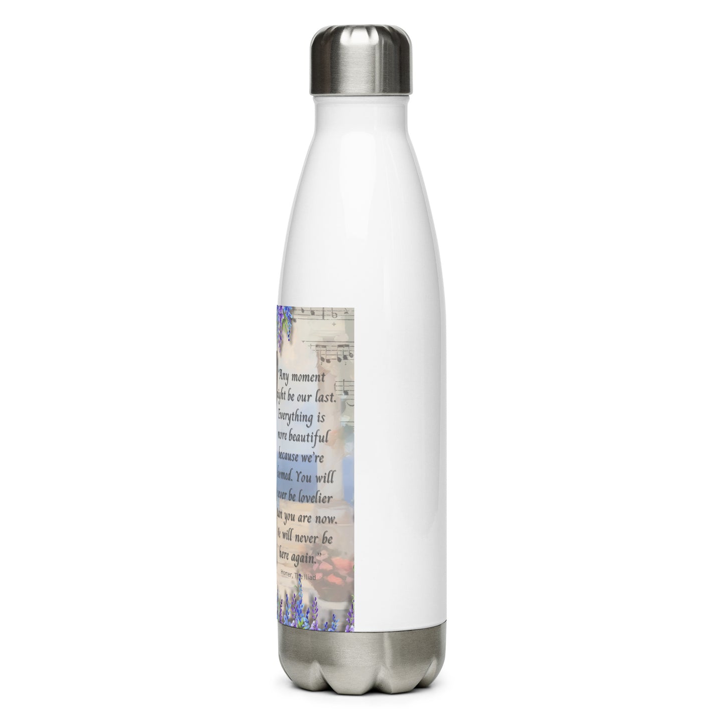 'Moments' stainless steel water bottle with impressionist oil style artwork and quote from Homer's The Iliad