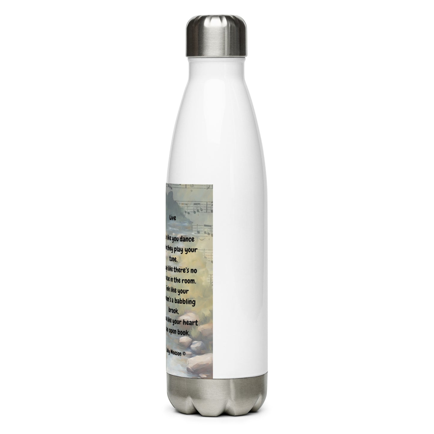 'Live' stainless steel water bottle with impressionist oil style artwork and original poem by writer Sally Meeson