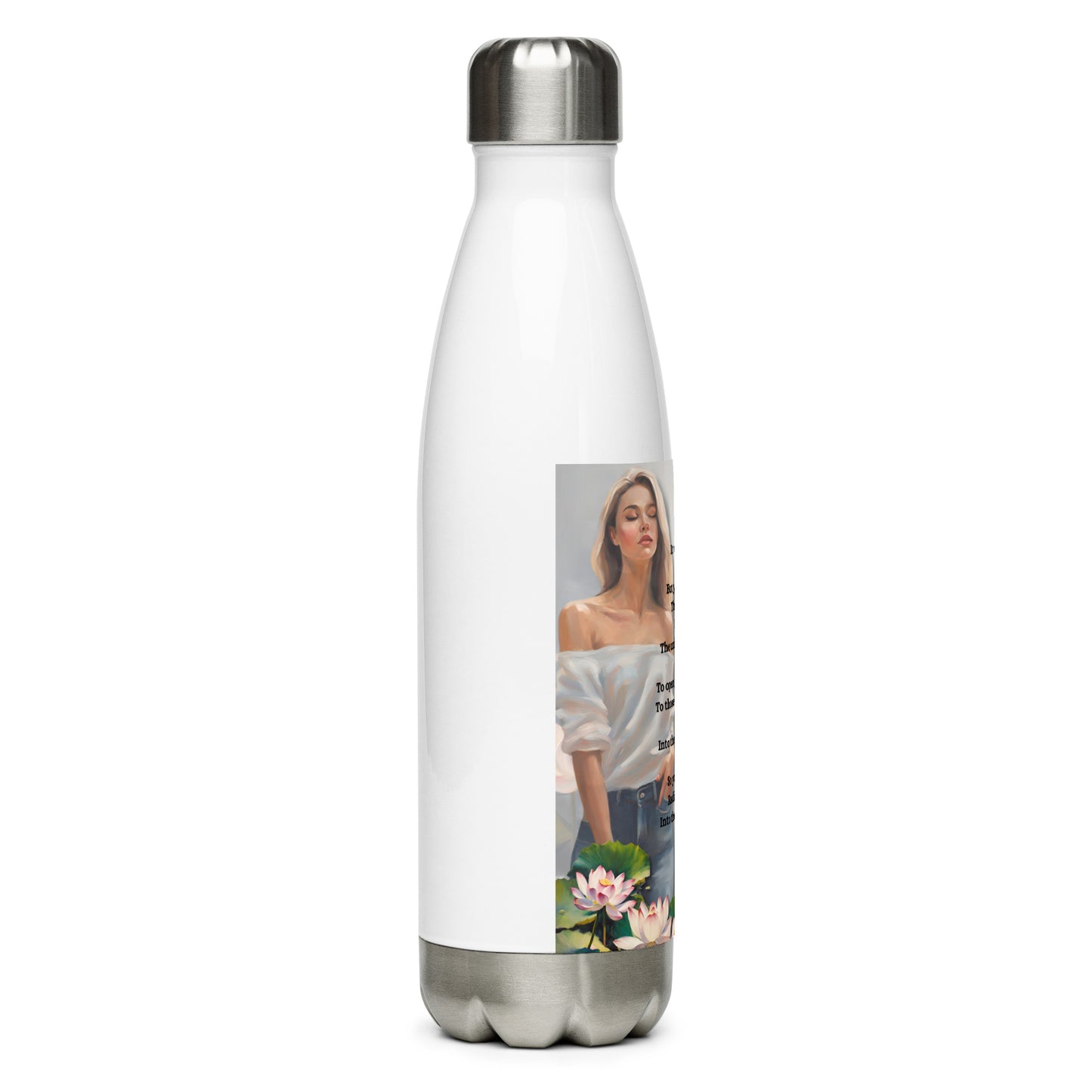 'Lotus Flower' stainless steel water bottle with impressionist oil style artwork and original poem by writer Sally Meeson