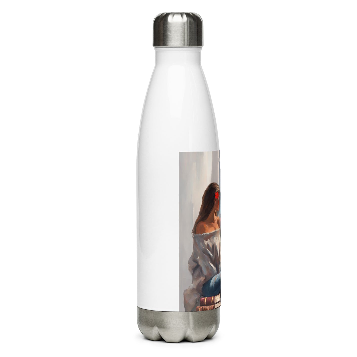 'Freedom, books, flowers and the moon' stainless steel water bottle with impressionist oil style artwork and quote from Oscar Wilde