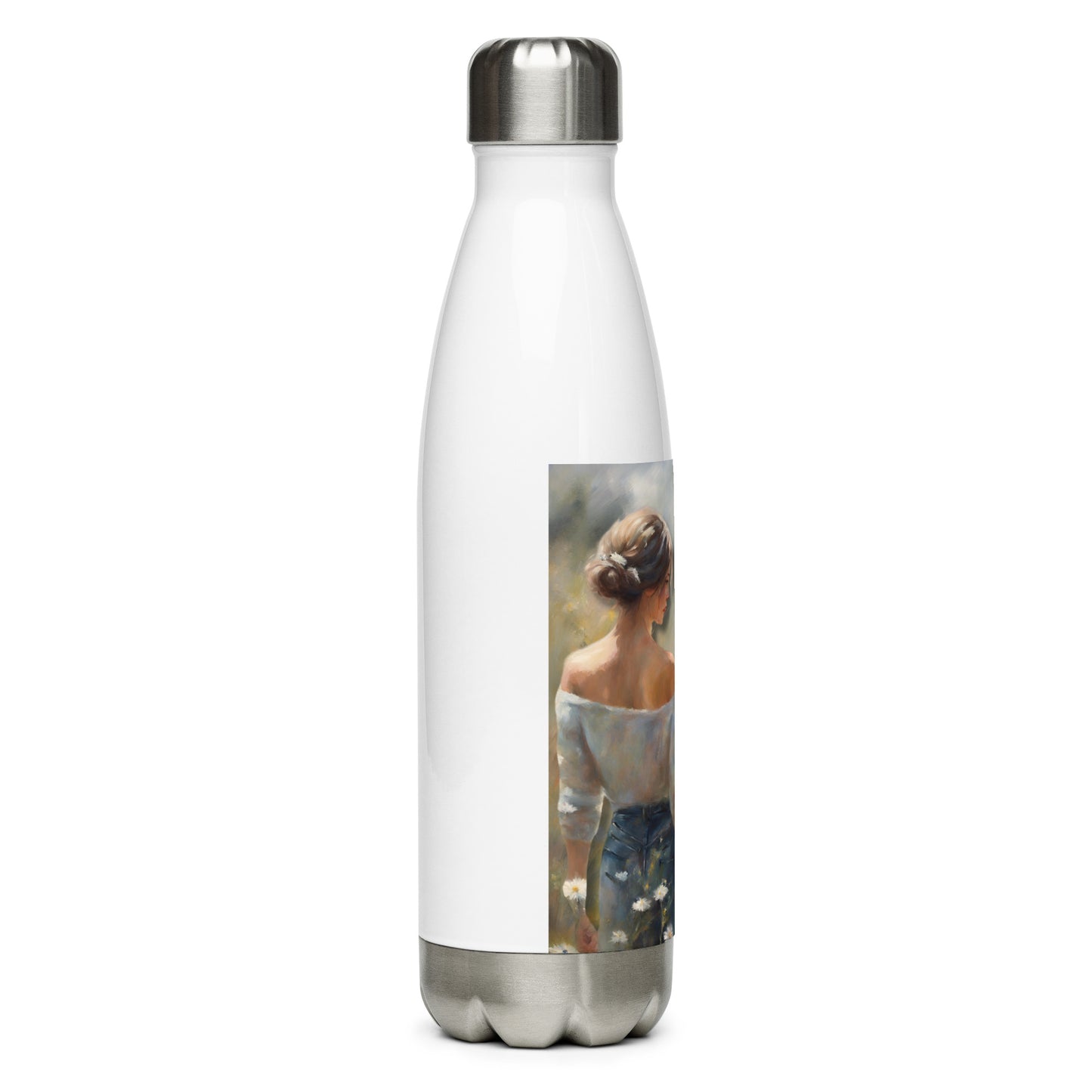 'A Fragile Game' stainless steel water bottle with impressionist style artwork and original poem by writer Sally Meeson