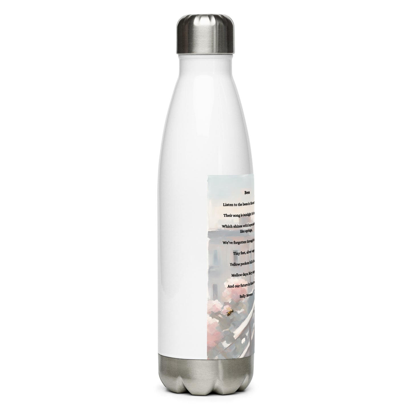 'Bees' stainless steel water bottle with impressionist oil style artwork and original poem by writer Sally Meeson