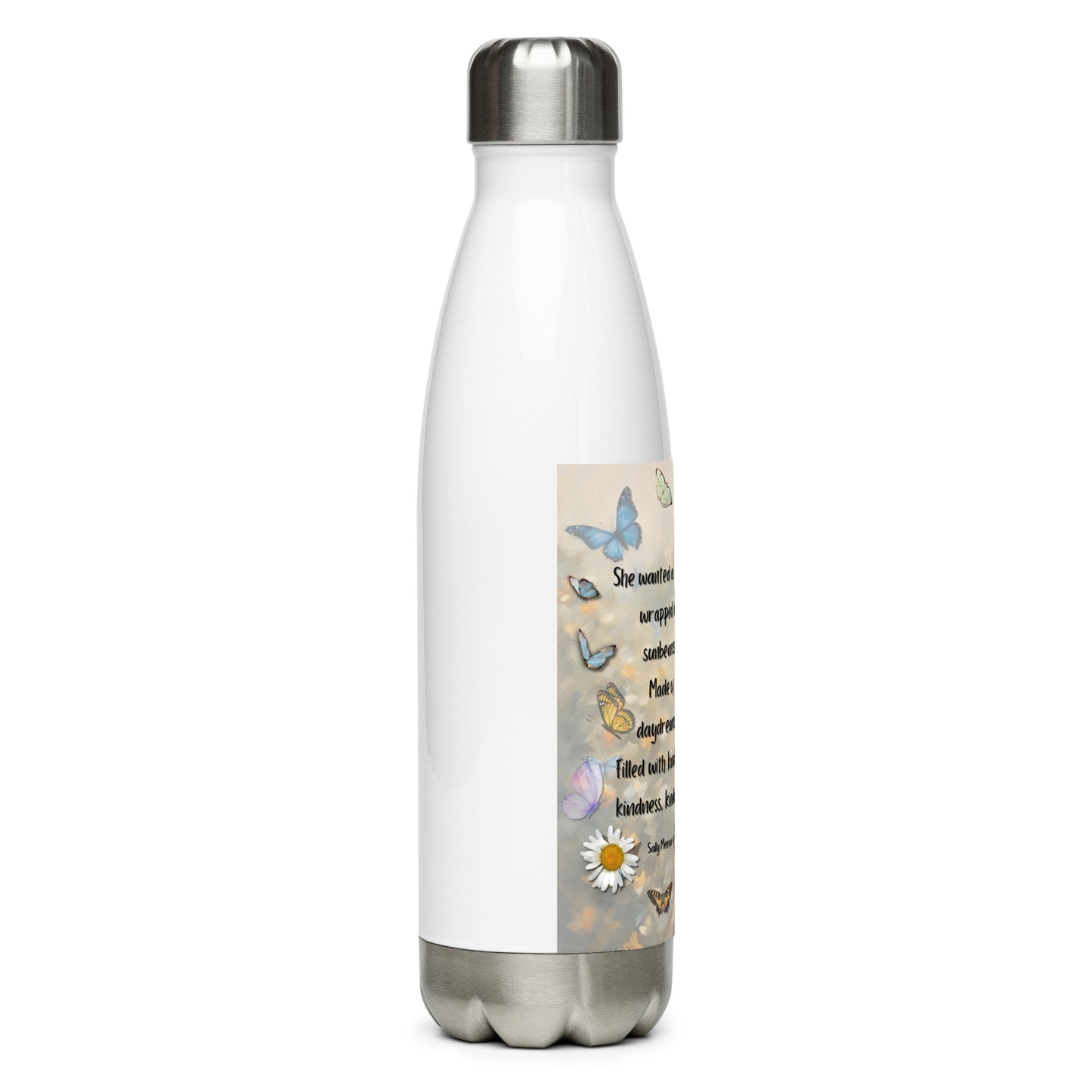 'Kindness' stainless steel water bottle with impressionist style artwork and quote by writer Sally Meeson