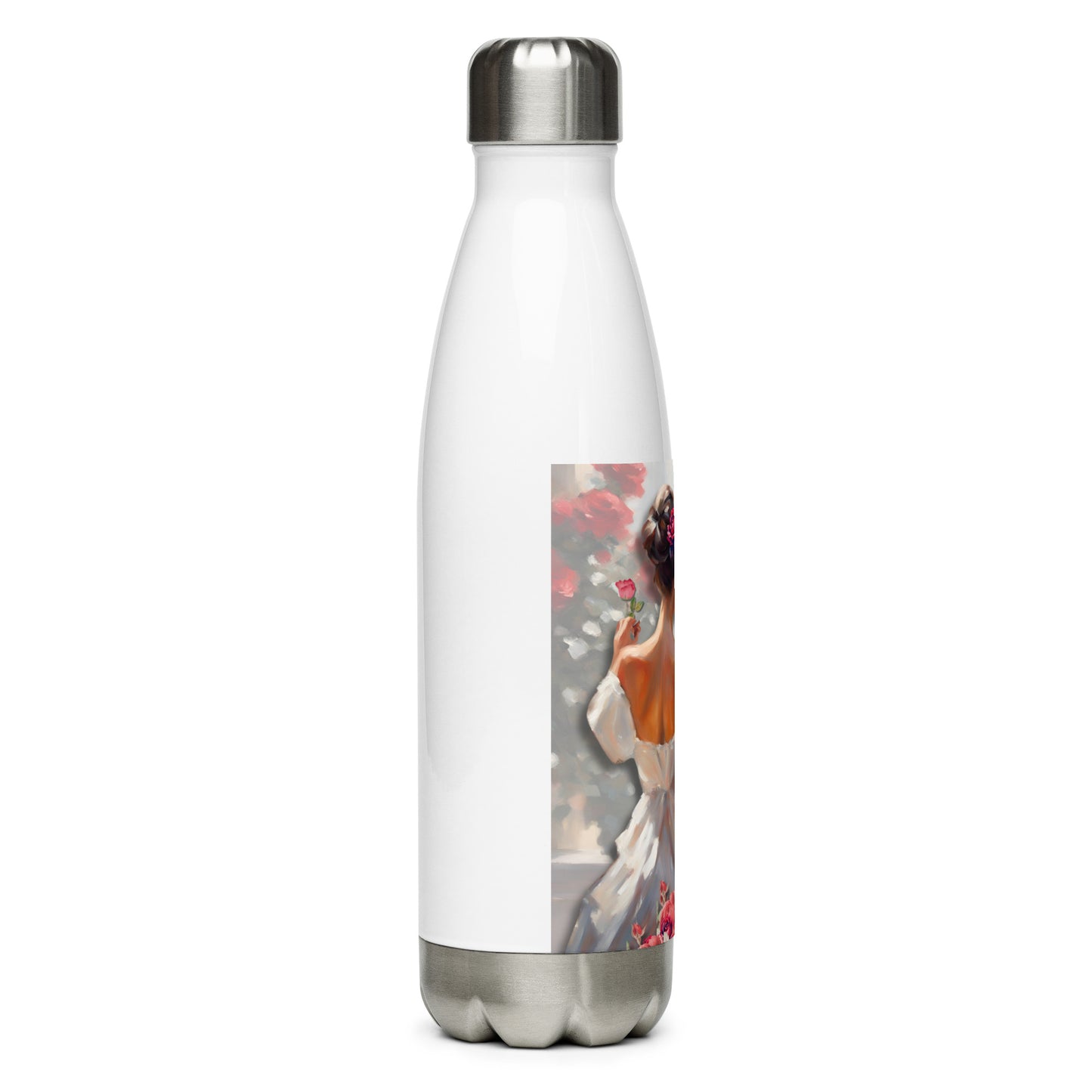 'Roses' stainless steel water bottle with impressionist oil style artwork and quote by diarist Anaïs Nin