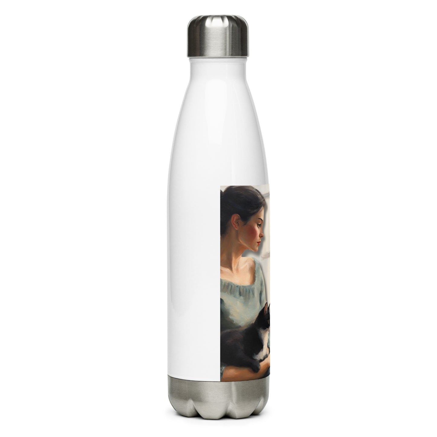 'Fur Angel' stainless steel water bottle with impressionist oil style artwork and original poem by writer Sally Meeson