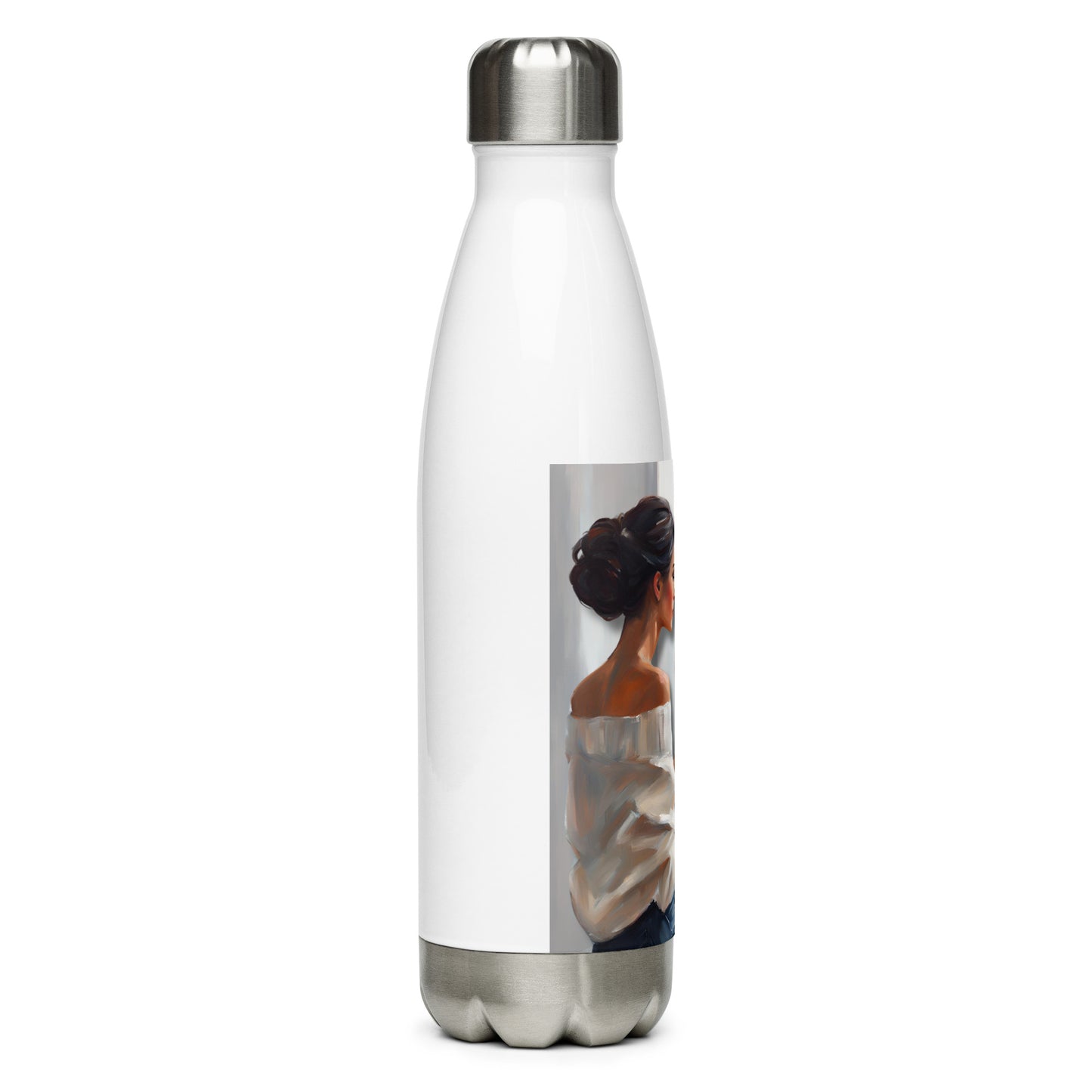 'Cheese' stainless steel water bottle with impressionist oil style artwork and quote from author G.K. Chesterton