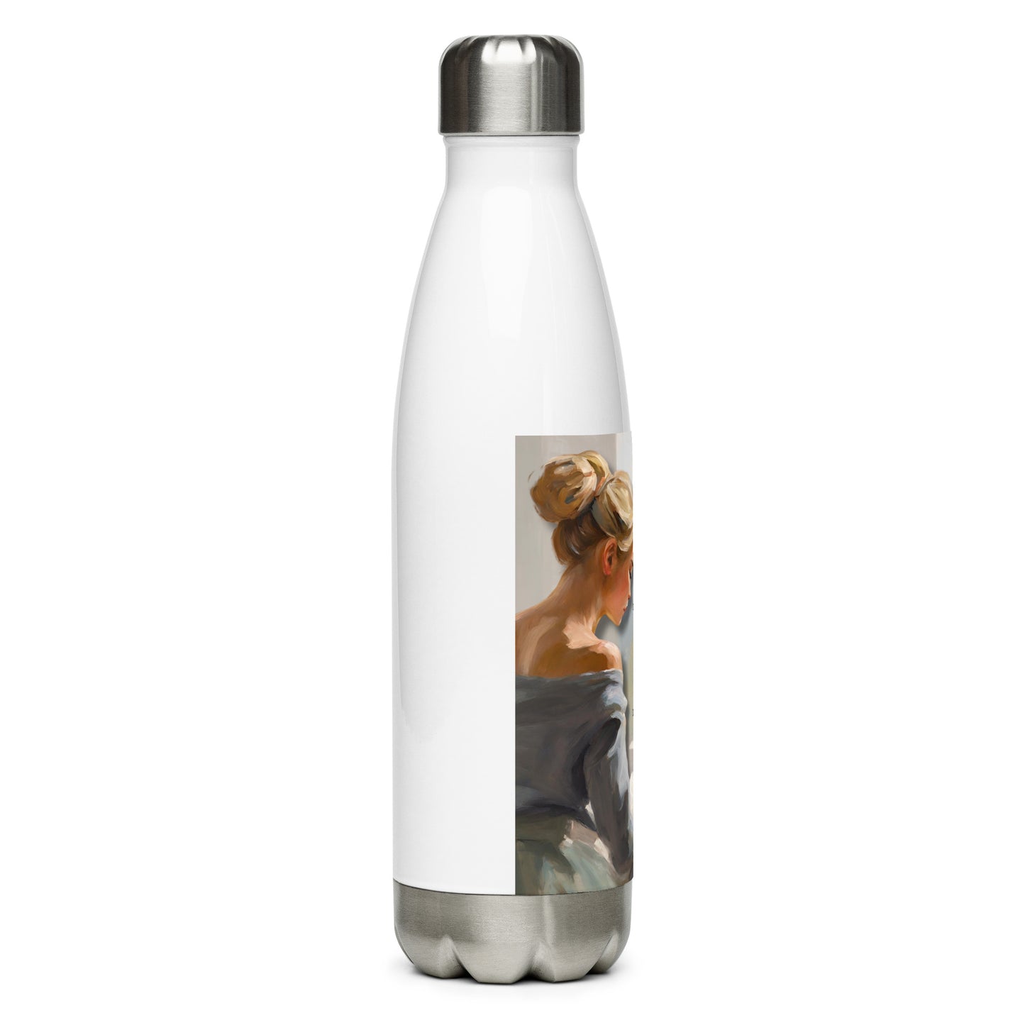 'So I Wrote' stainless steel water bottle with impressionist style artwork and original poem by writer Sally Meeson