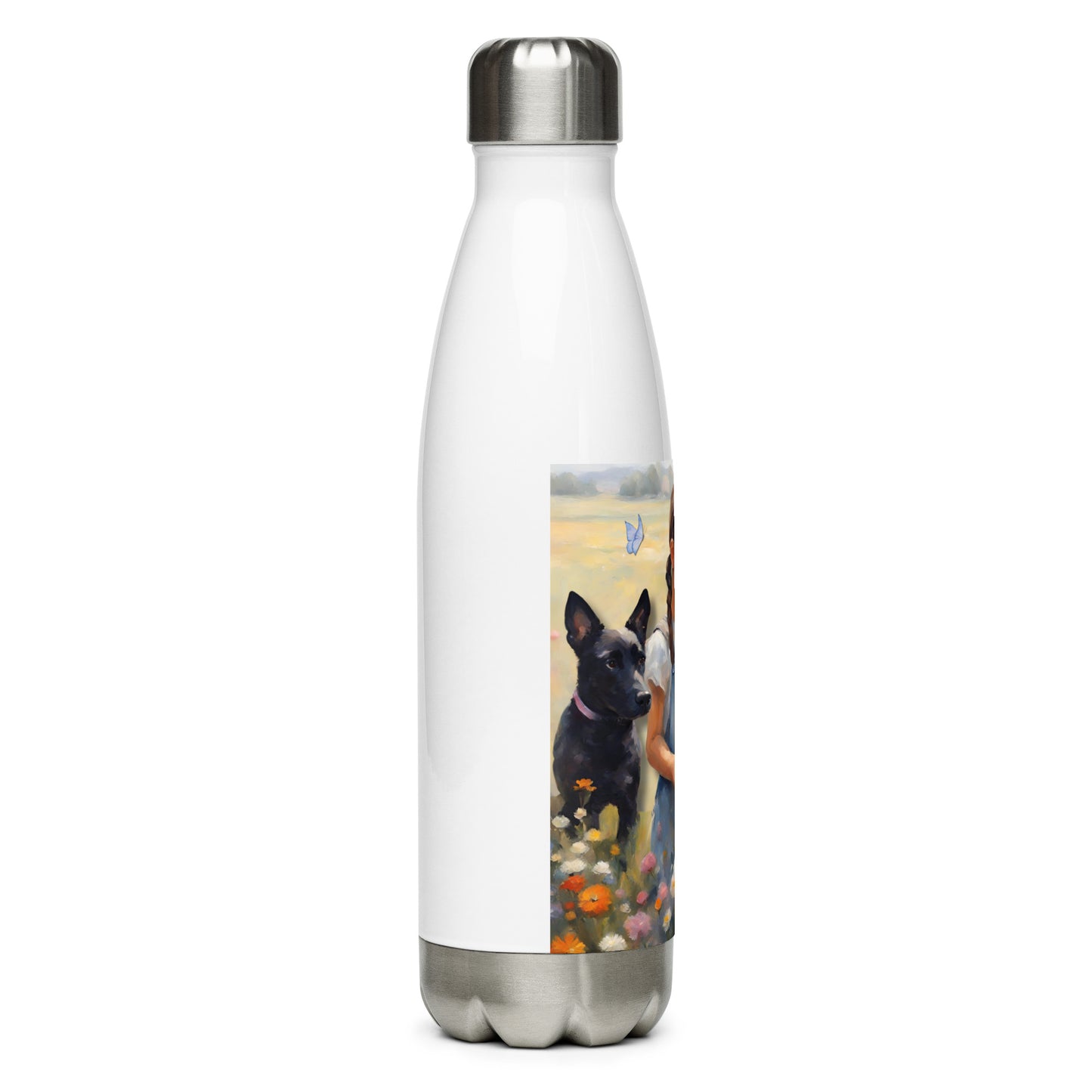 'Tiny Butterfly' stainless steel water bottle with impressionist oil style artwork and original quote by writer Sally Meeson