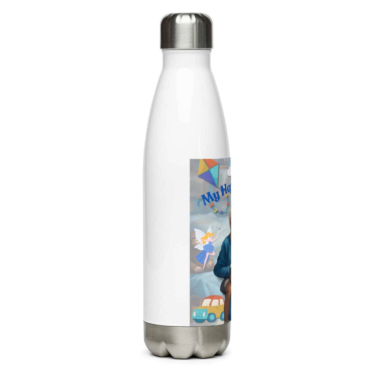 'My Happy Place' child's blue stainless steel water bottle with impressionist oil style artwork