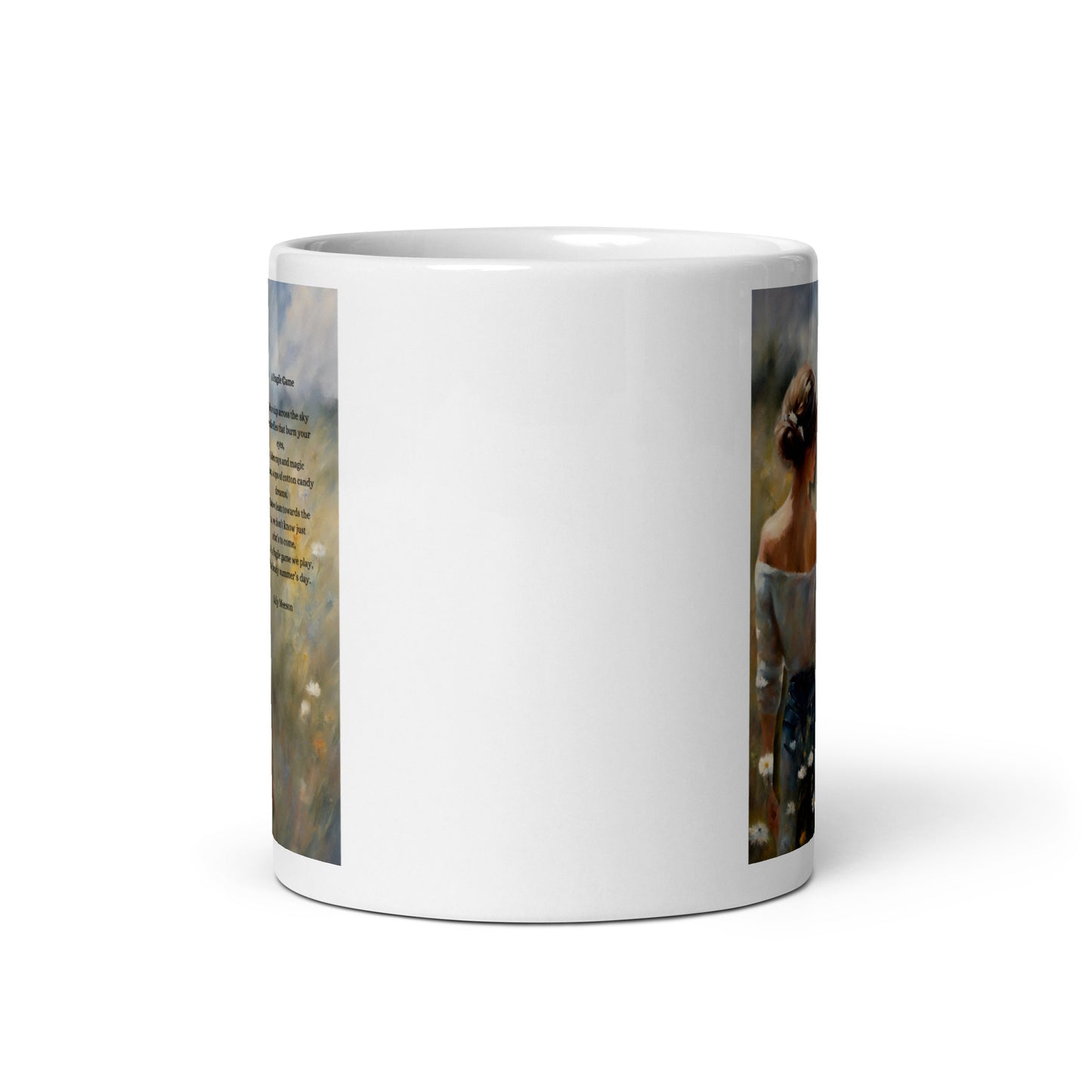 'A Fragile Game' white glossy mug with impressionist style artwork and original poem by writer Sally Meeson