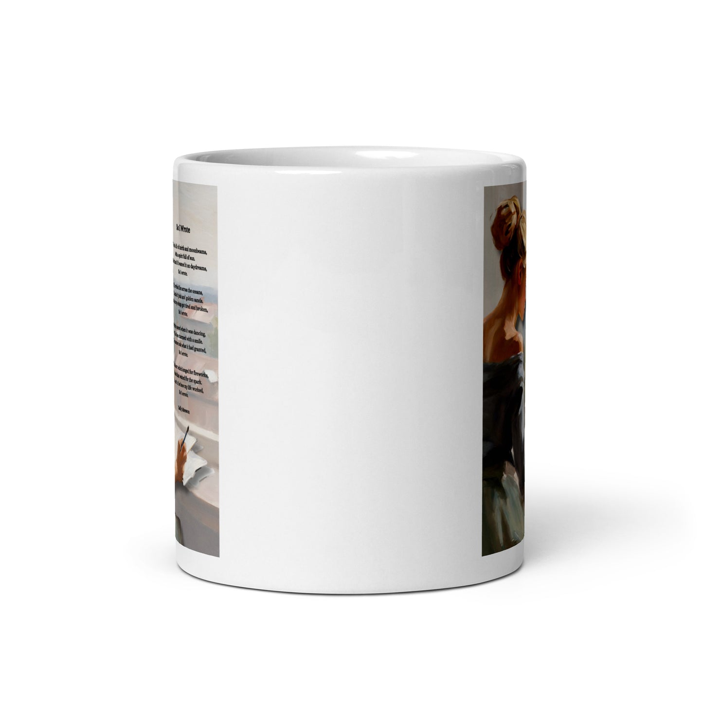 'So I Wrote' white glossy mug with impressionist style artwork and original poem by writer Sally Meeson