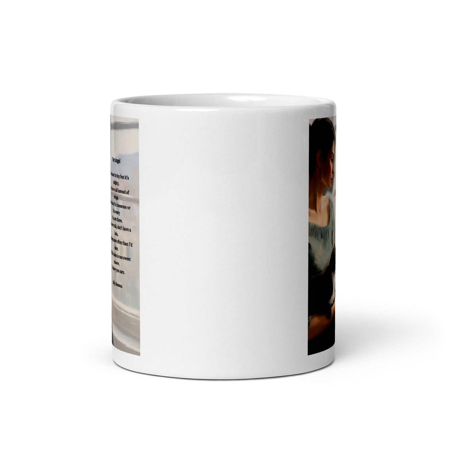 'Fur Angel' white glossy mug with impressionist oil style artwork and original poem by writer Sally Meeson