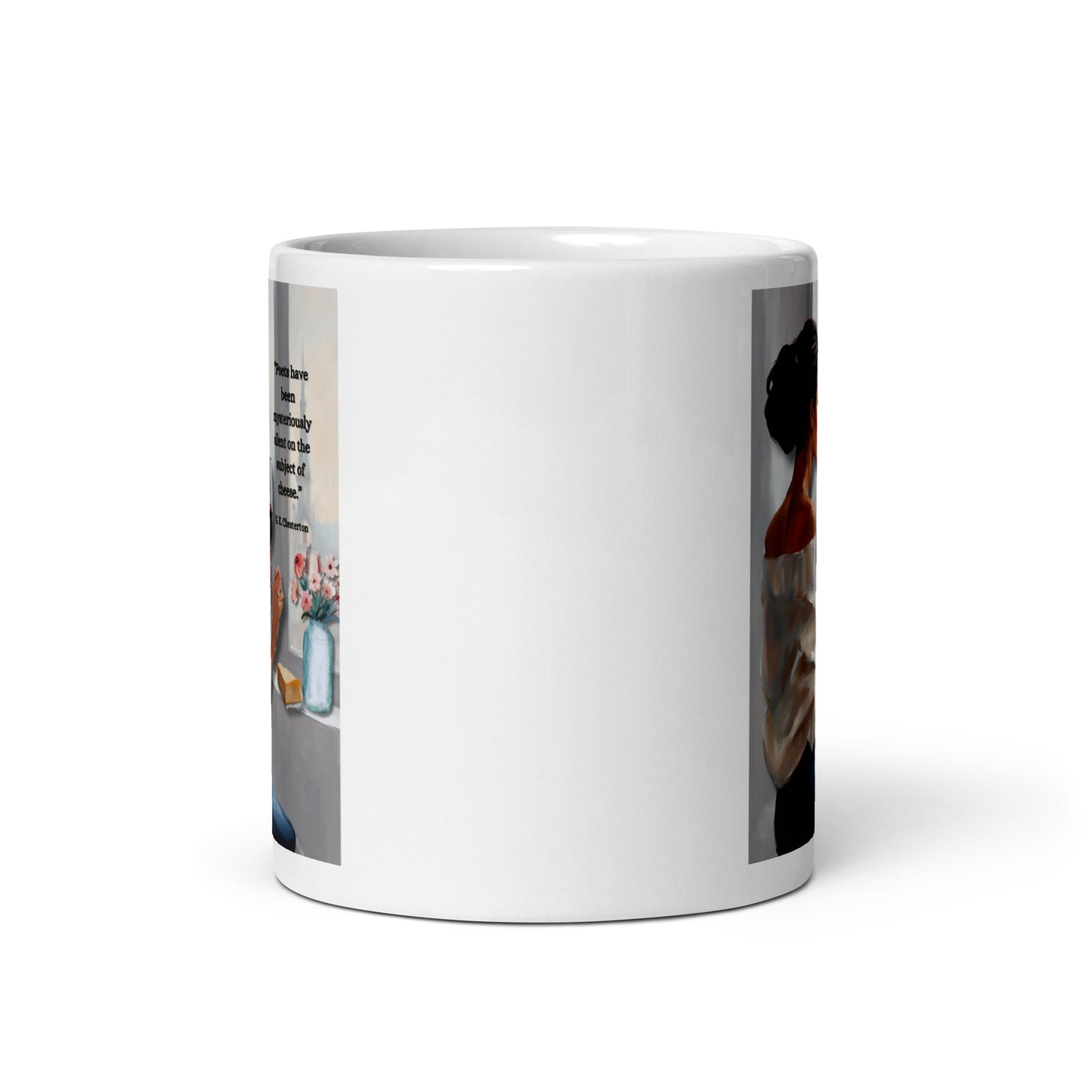 'Cheese' white glossy mug with impressionist style artwork and quote by author G.K. Chesterton