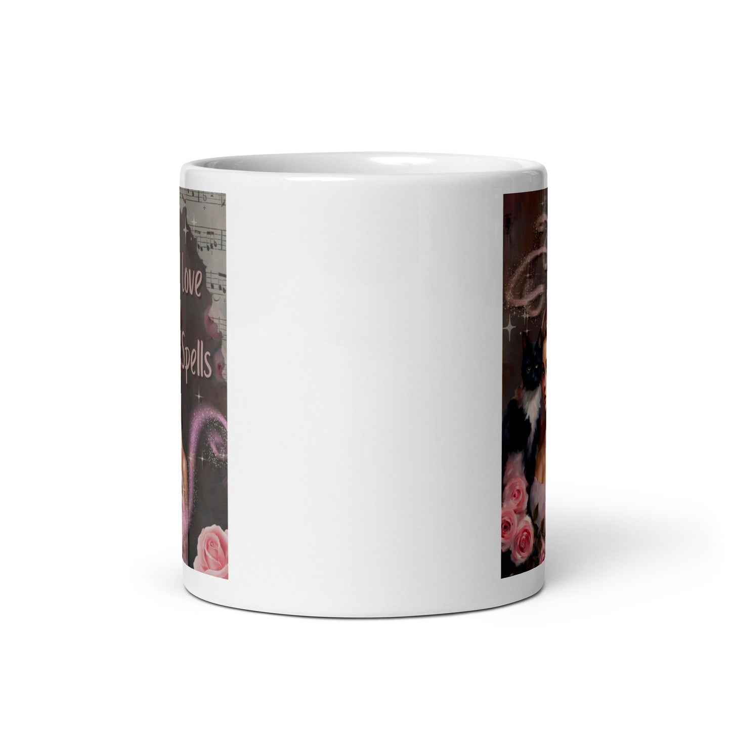 'Love Spells' white glossy mug with impressionist oil style artwork