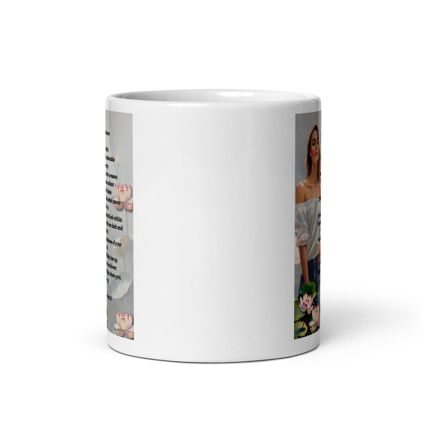 'Lotus Flower' white glossy mug with impressionist style artwork and original poem by writer Sally Meeson