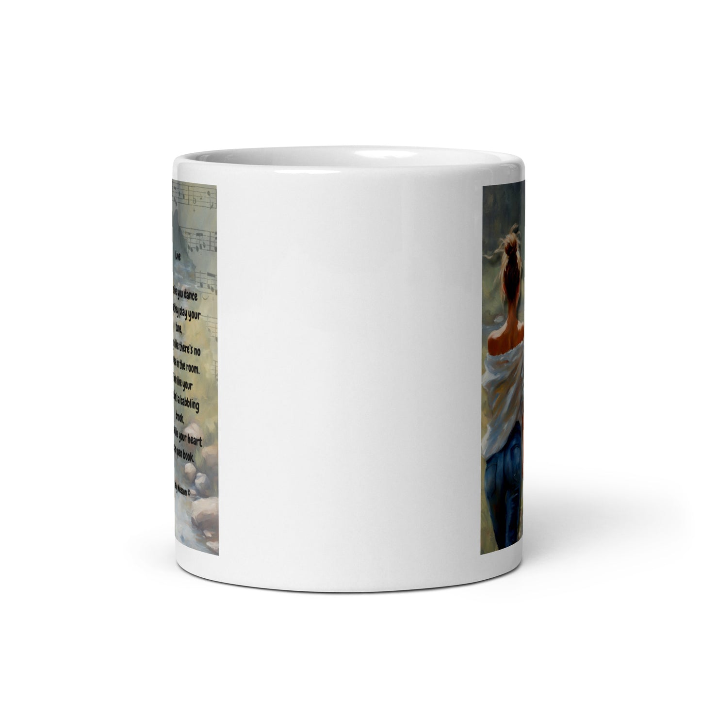 'Live' white glossy mug with impressionist oil style artwork and original poem by writer Sally Meeson