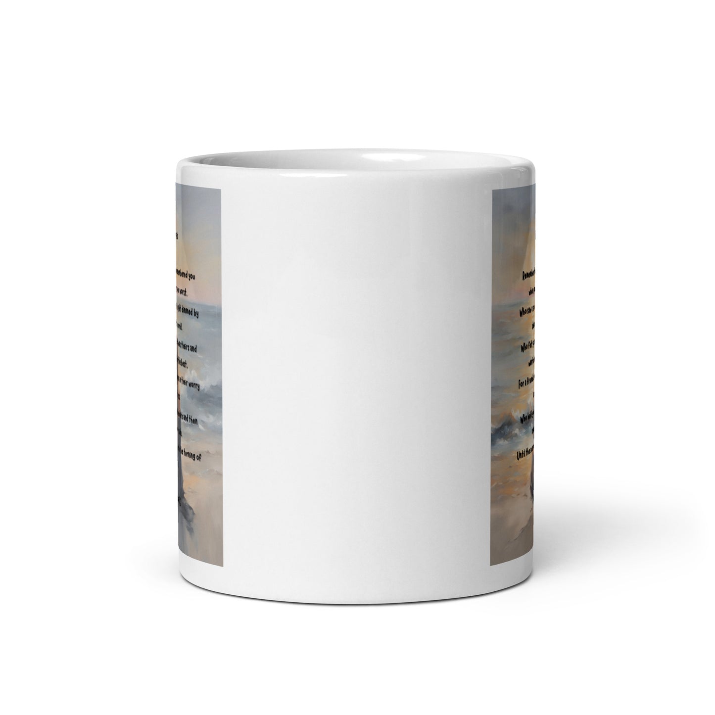 'Earth Angels' white glossy mug with impressionist oil style artwork and original poem by writer Sally Meeson