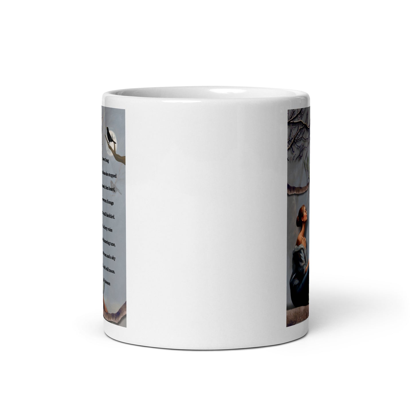 'Sweet Song' white glossy mug with impressionist oil style artwork and original poem by writer Sally Meeson