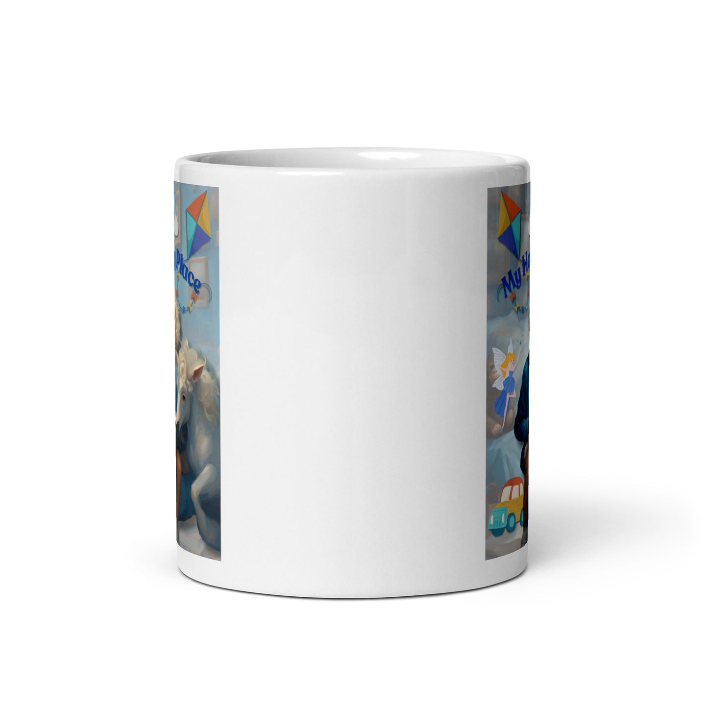 'My Happy Place' child's white glossy mug with blue impressionist oil style artwork