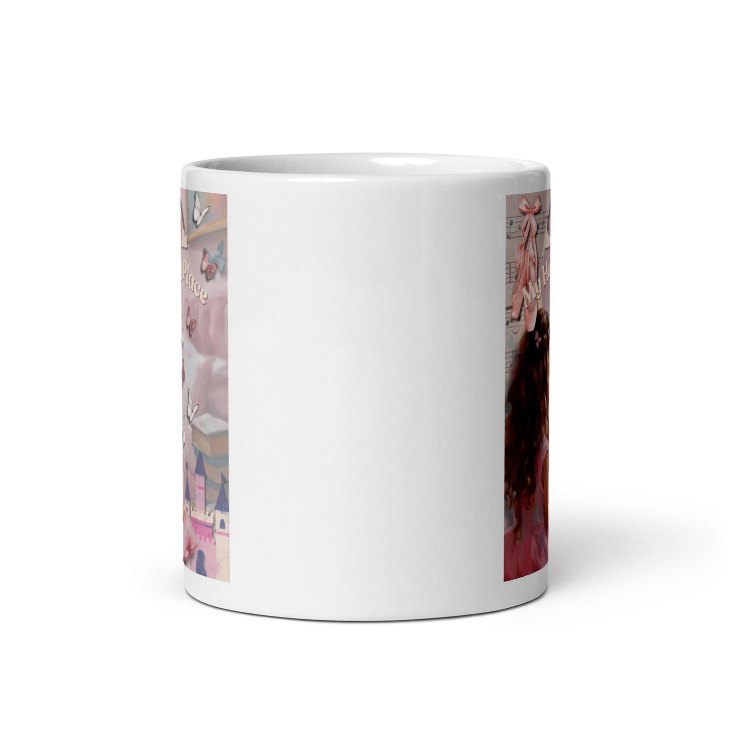 'My Happy Place' white glossy mug with pink impressionist oil style artwork