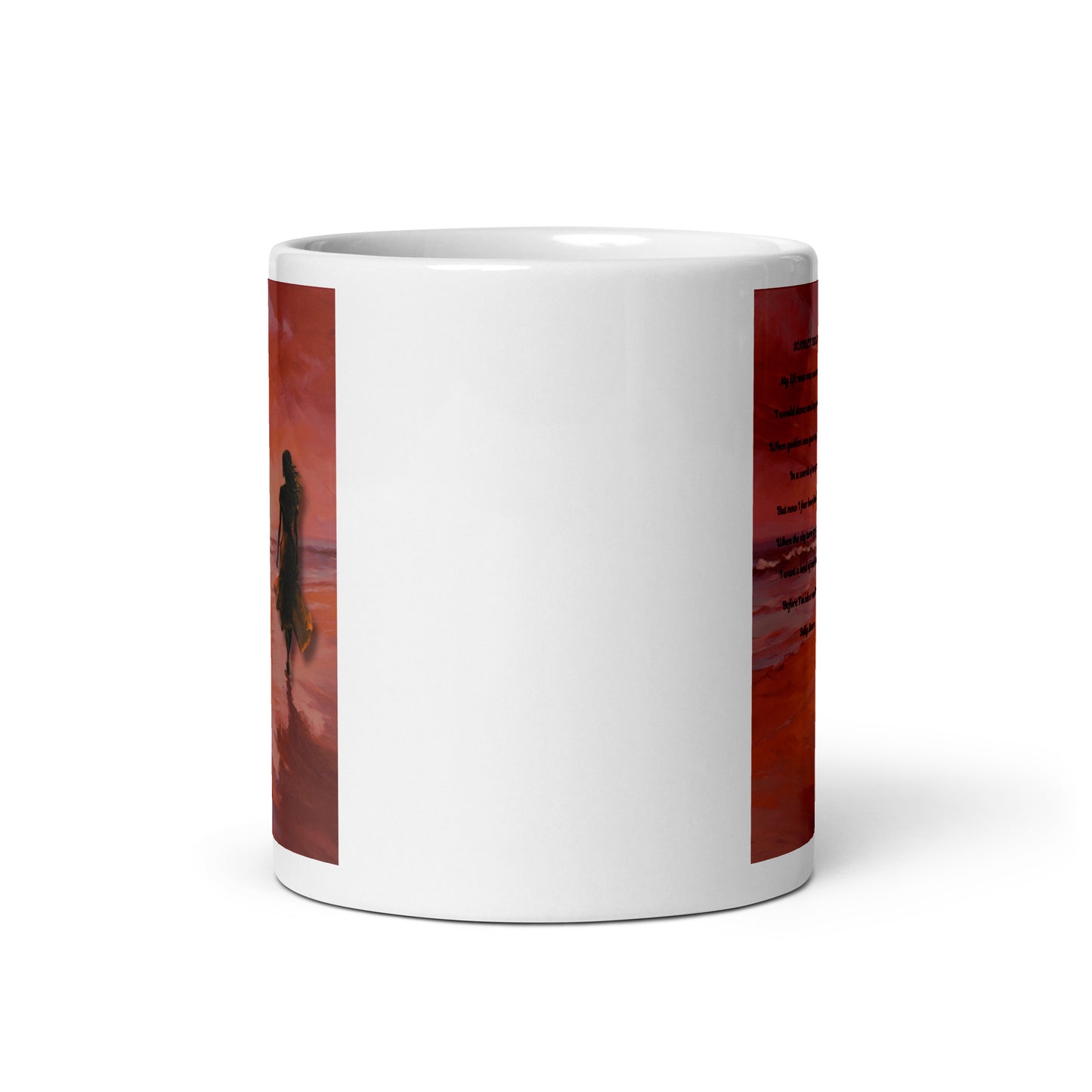 'Scarlet Sunsets' white glossy mug with impressionist style artwork and original poem by writer Sally Meeson