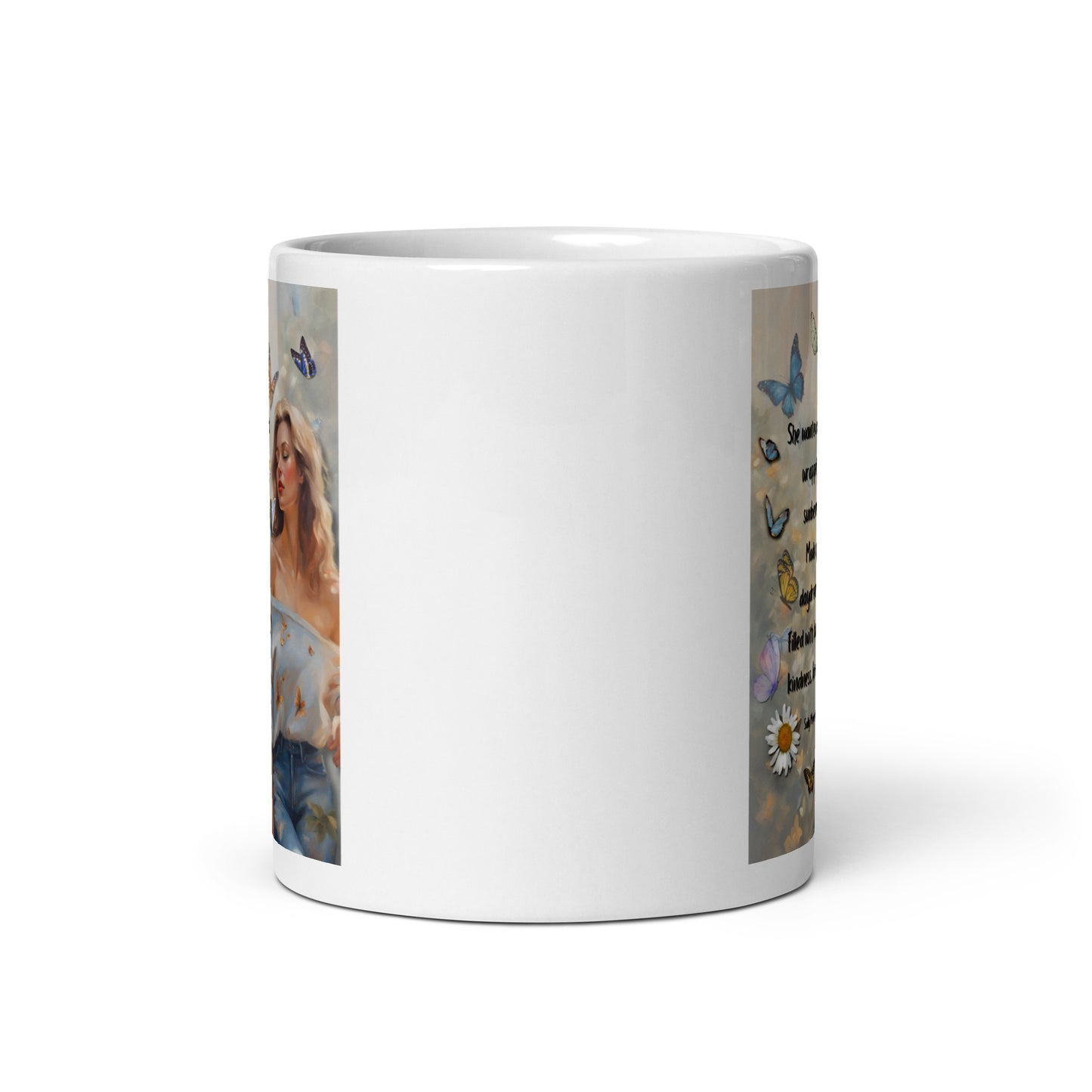 'Kindness' white glossy mug with impressionist oil style artwork and quote by writer Sally Meeson