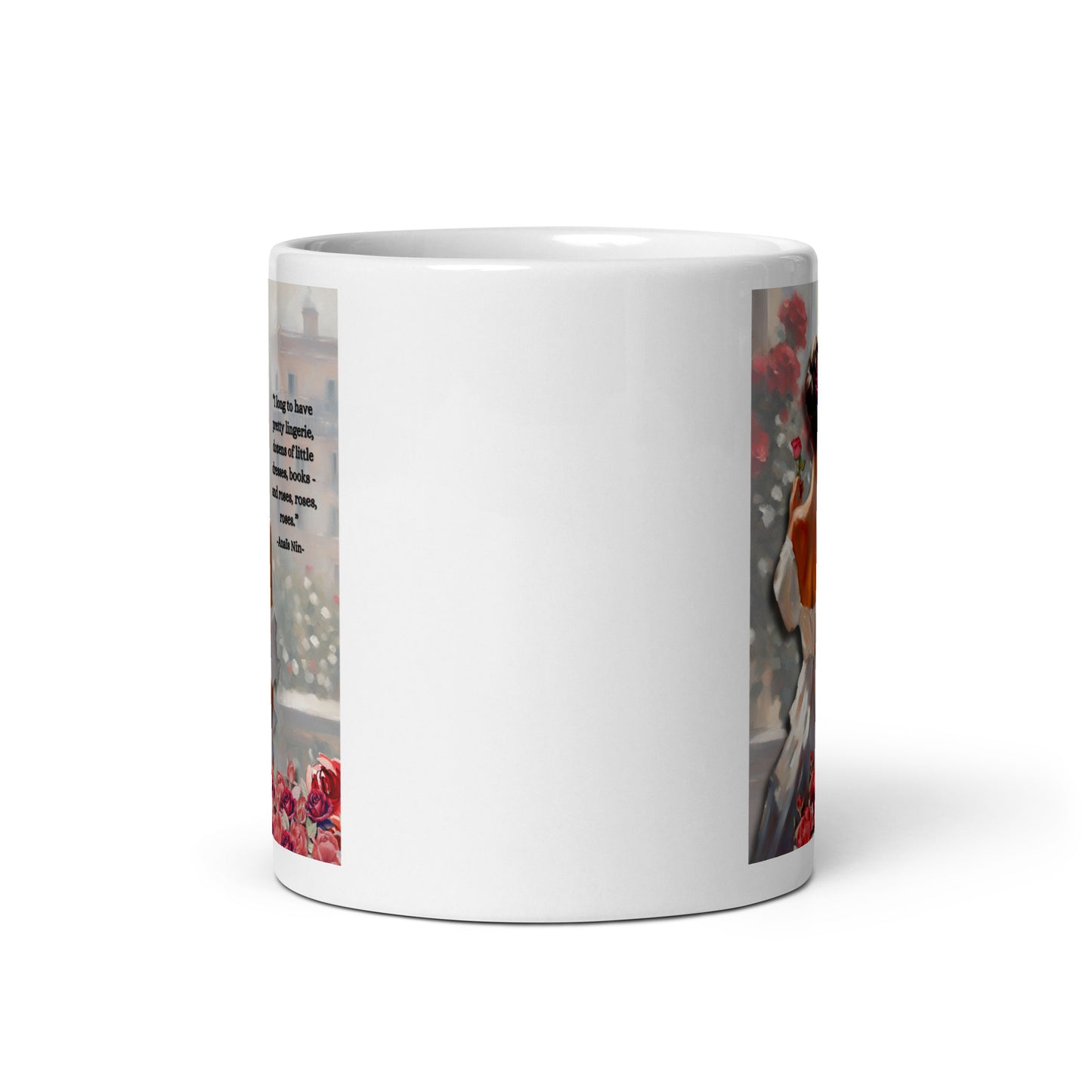 'Roses' white glossy mug with impressionist style artwork and quote by diarist Anaïs Nin