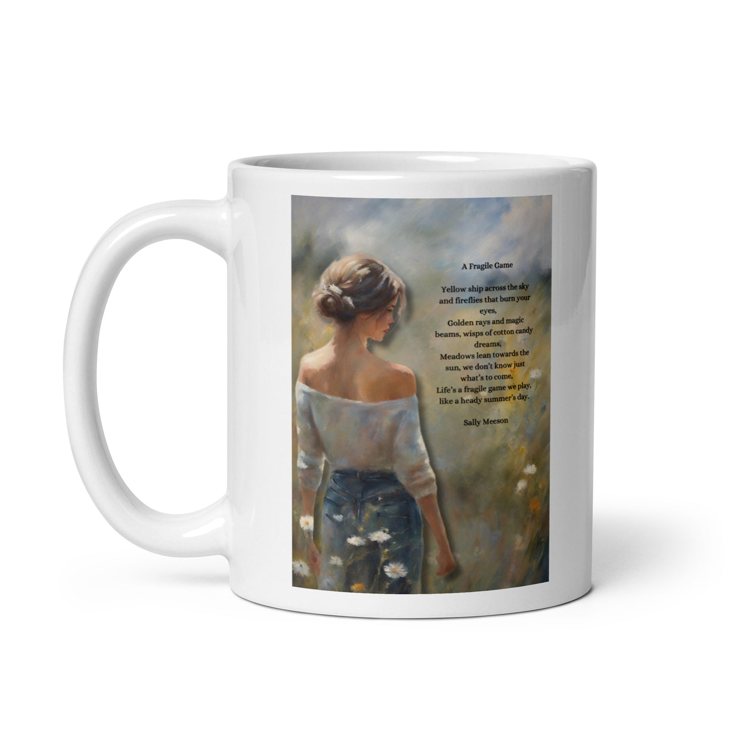 'A Fragile Game' white glossy mug with impressionist style artwork and original poem by writer Sally Meeson