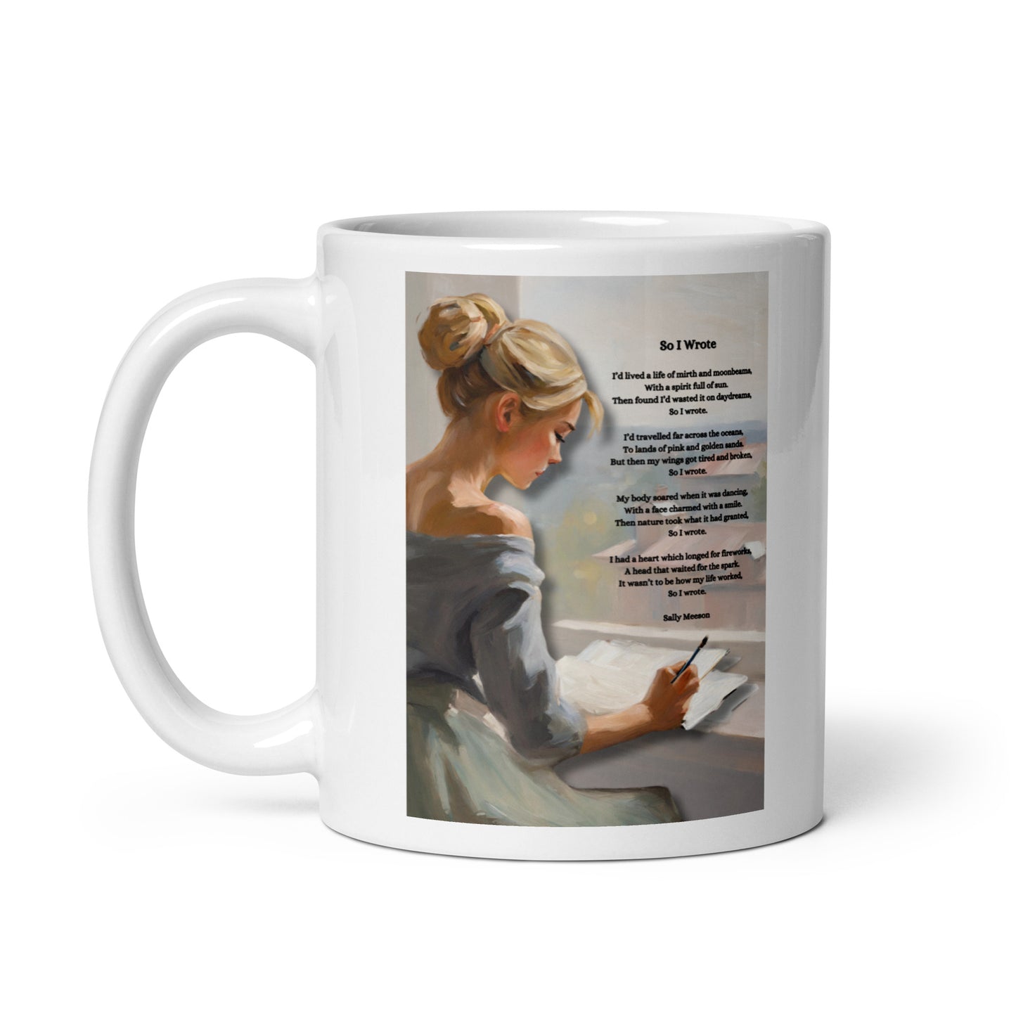 'So I Wrote' white glossy mug with impressionist style artwork and original poem by writer Sally Meeson
