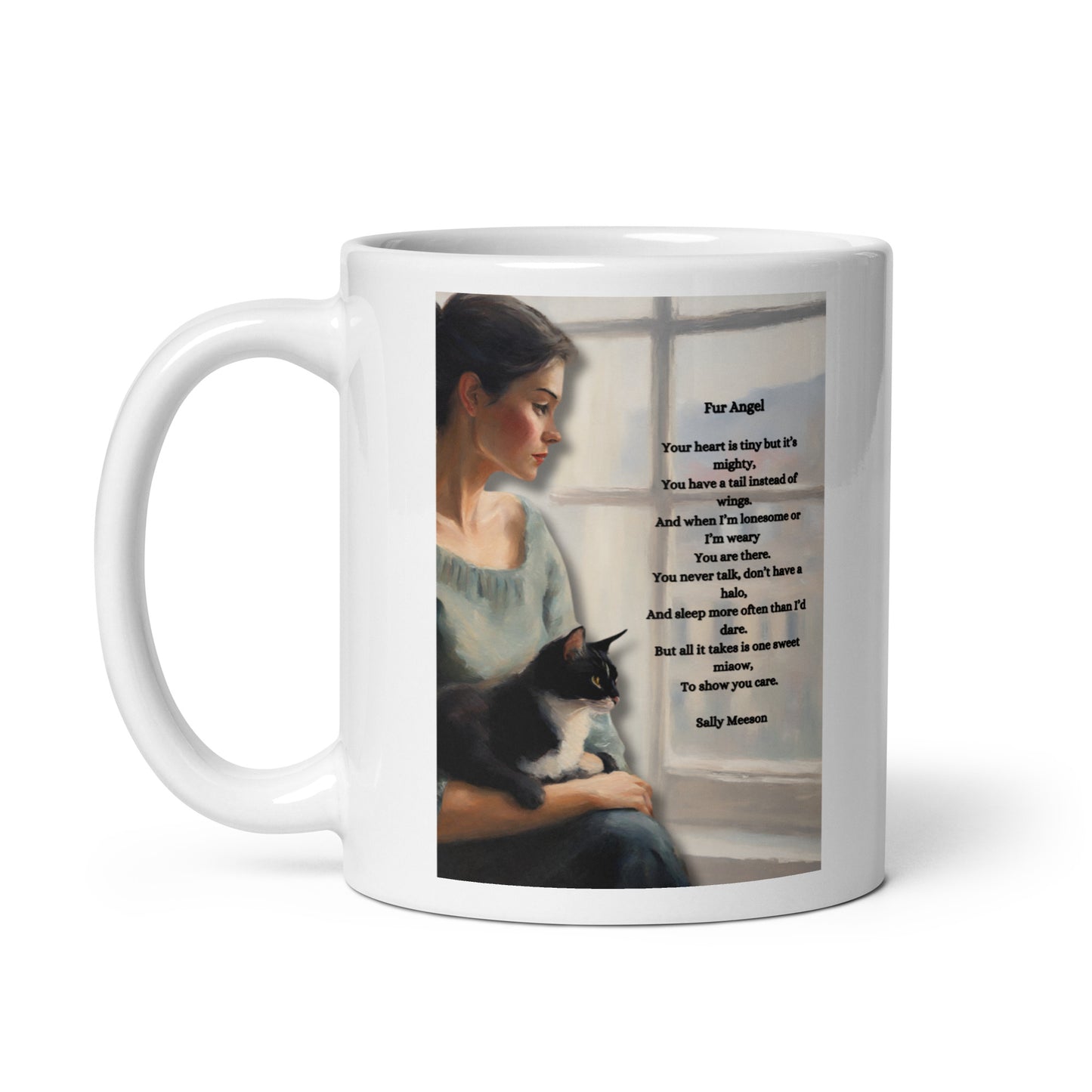 'Fur Angel' white glossy mug with impressionist oil style artwork and original poem by writer Sally Meeson