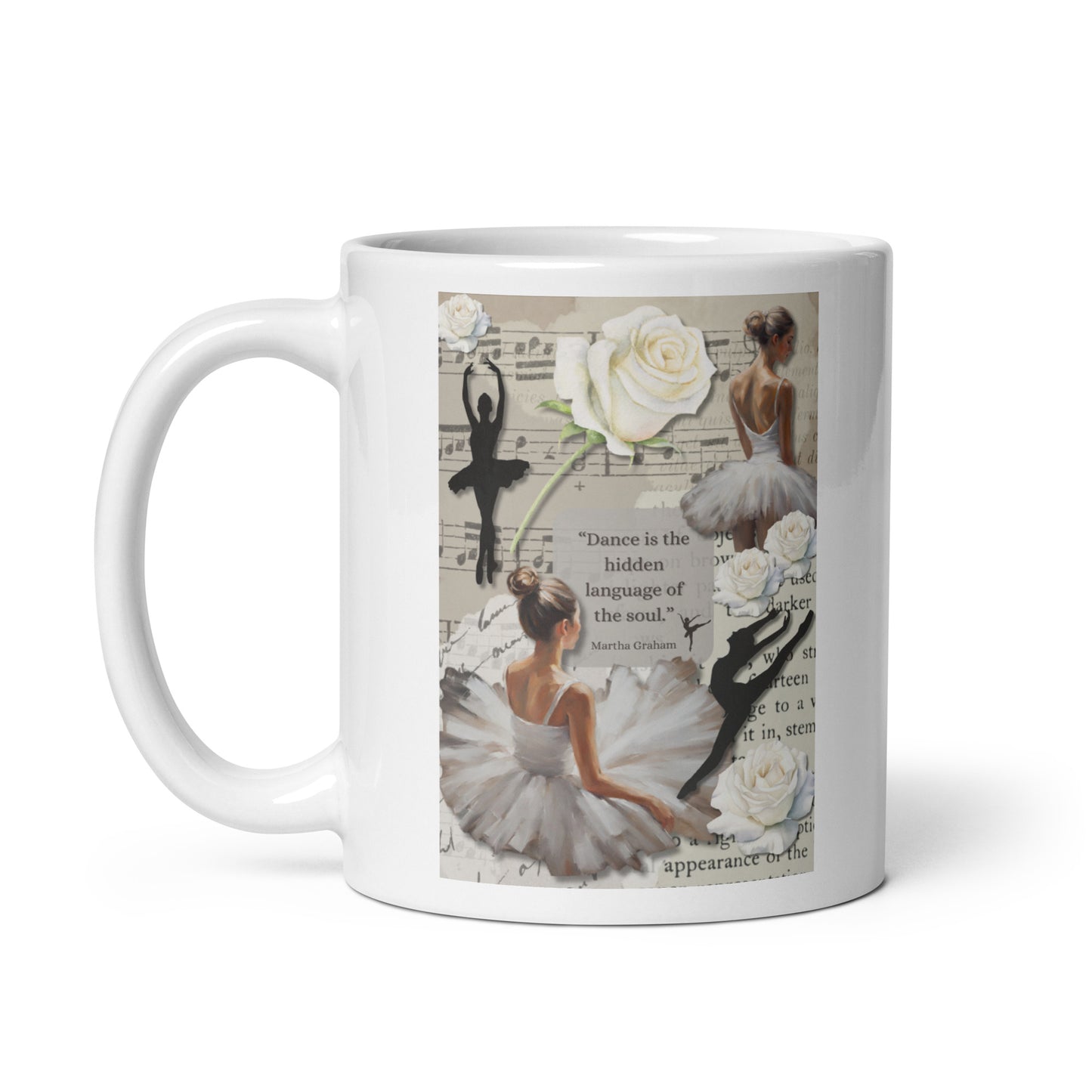 'Dance' white glossy mug with impressionist oil style artwork and quote from dancer Martha Graham