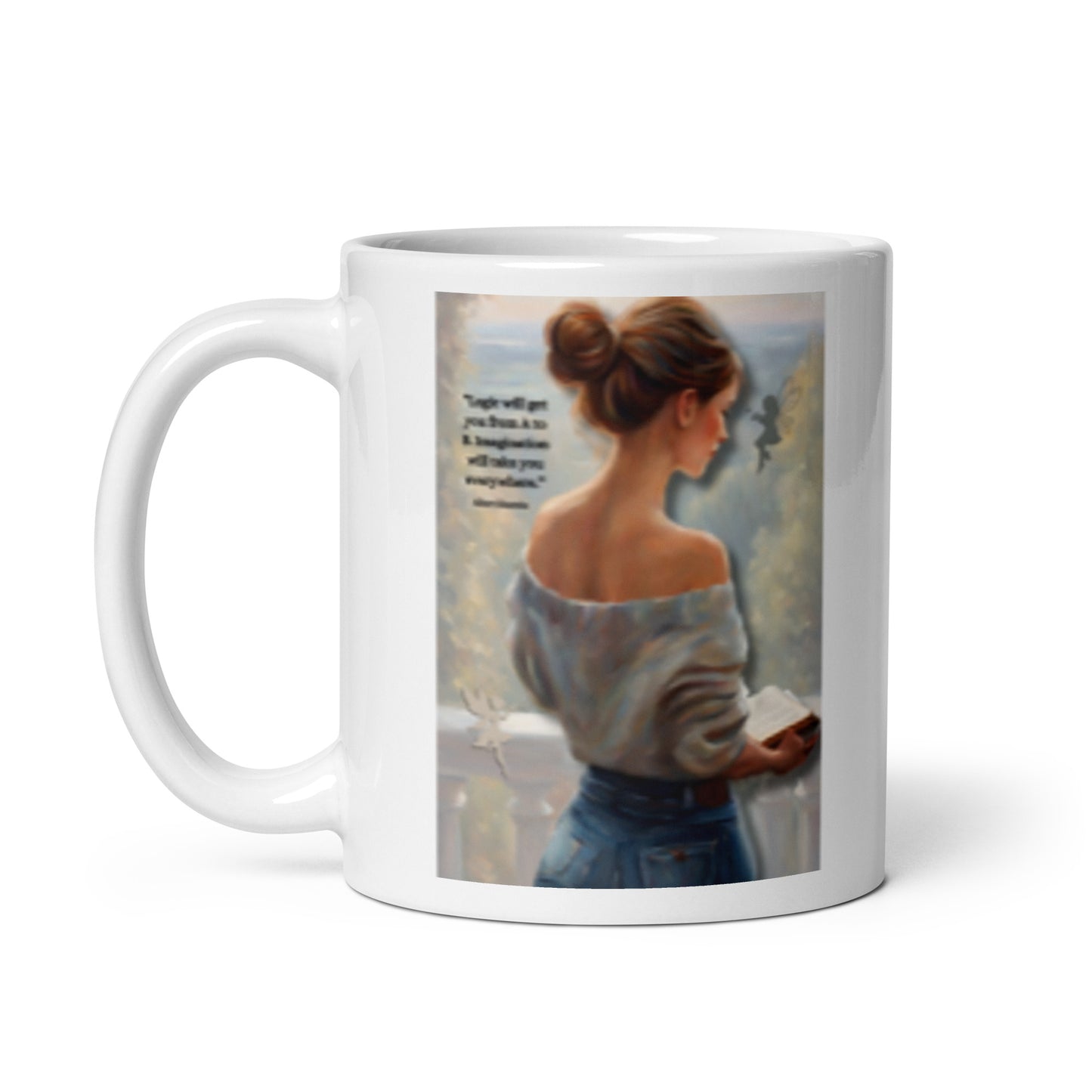 'Imagination' white glossy mug with impressionist oil style artwork and quote by Albert Einstein