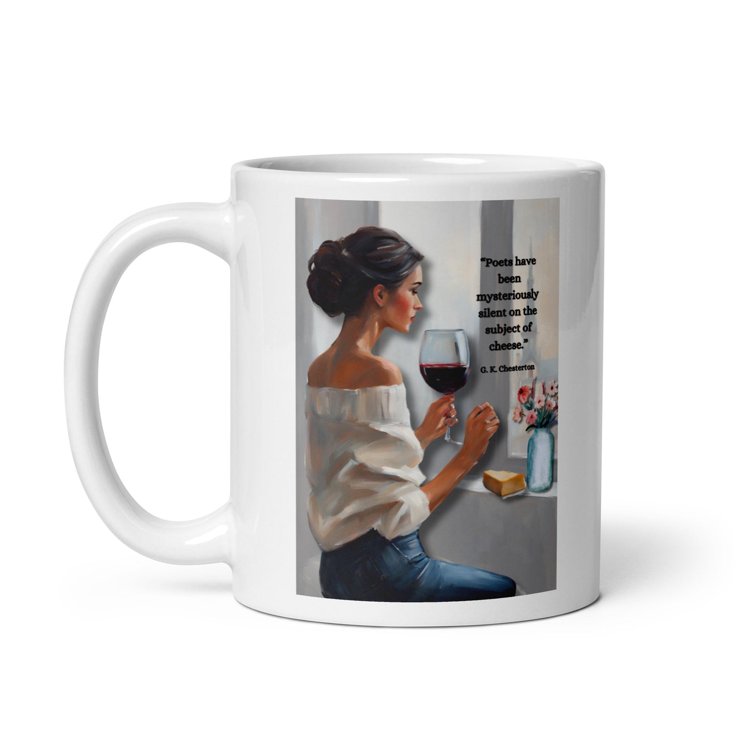 'Cheese' white glossy mug with impressionist style artwork and quote by author G.K. Chesterton