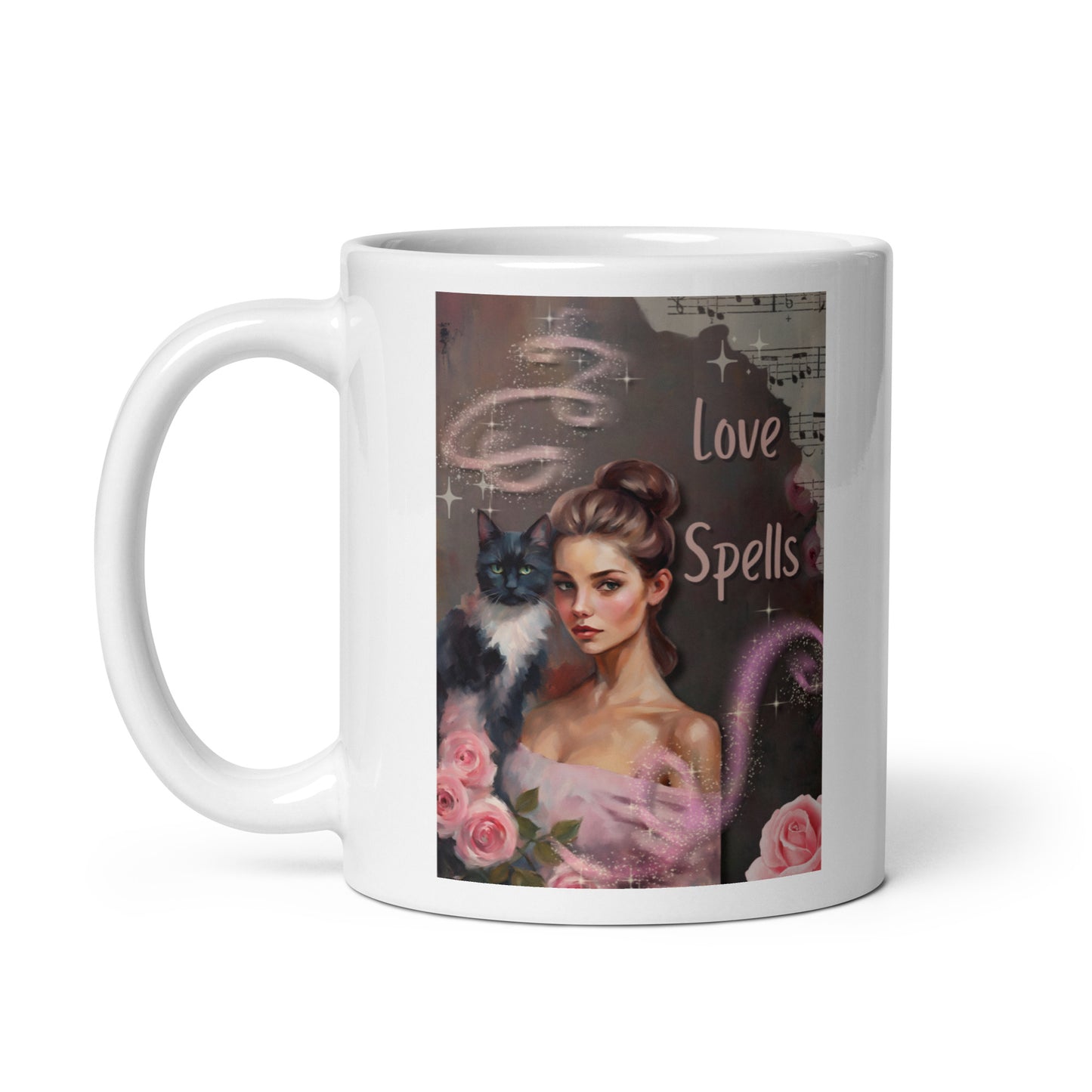 'Love Spells' white glossy mug with impressionist oil style artwork