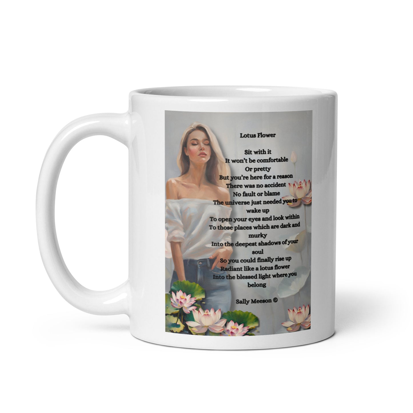 'Lotus Flower' white glossy mug with impressionist style artwork and original poem by writer Sally Meeson