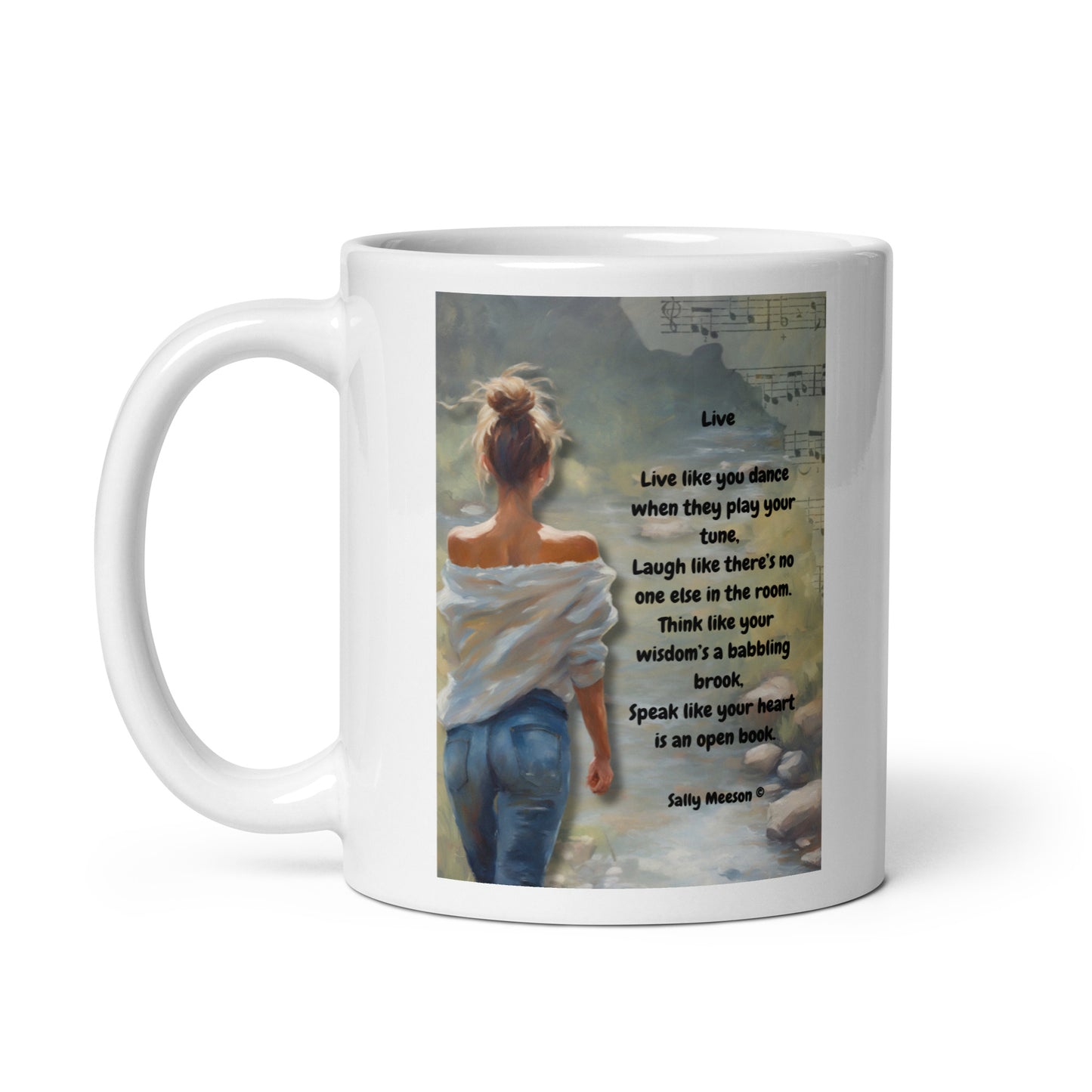 'Live' white glossy mug with impressionist oil style artwork and original poem by writer Sally Meeson