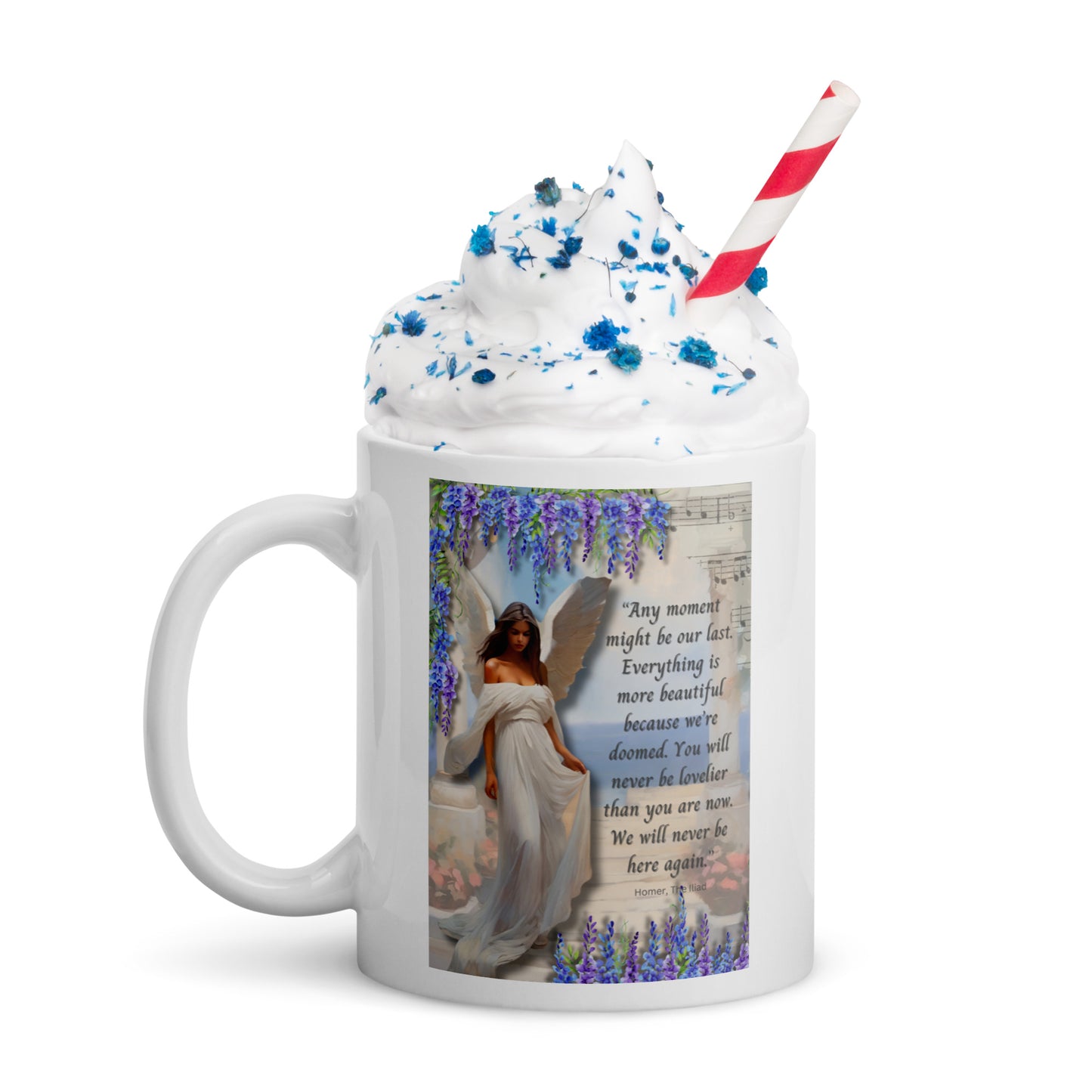 'Moments' white glossy mug with impressionist style artwork and quote from Homer's The Iliad