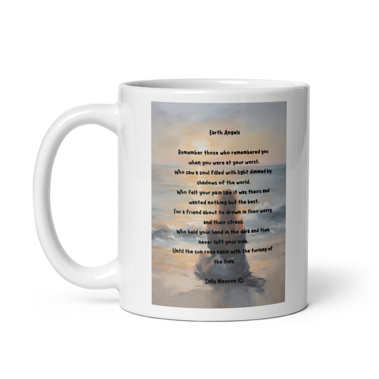 'Earth Angels' white glossy mug with impressionist oil style artwork and original poem by writer Sally Meeson