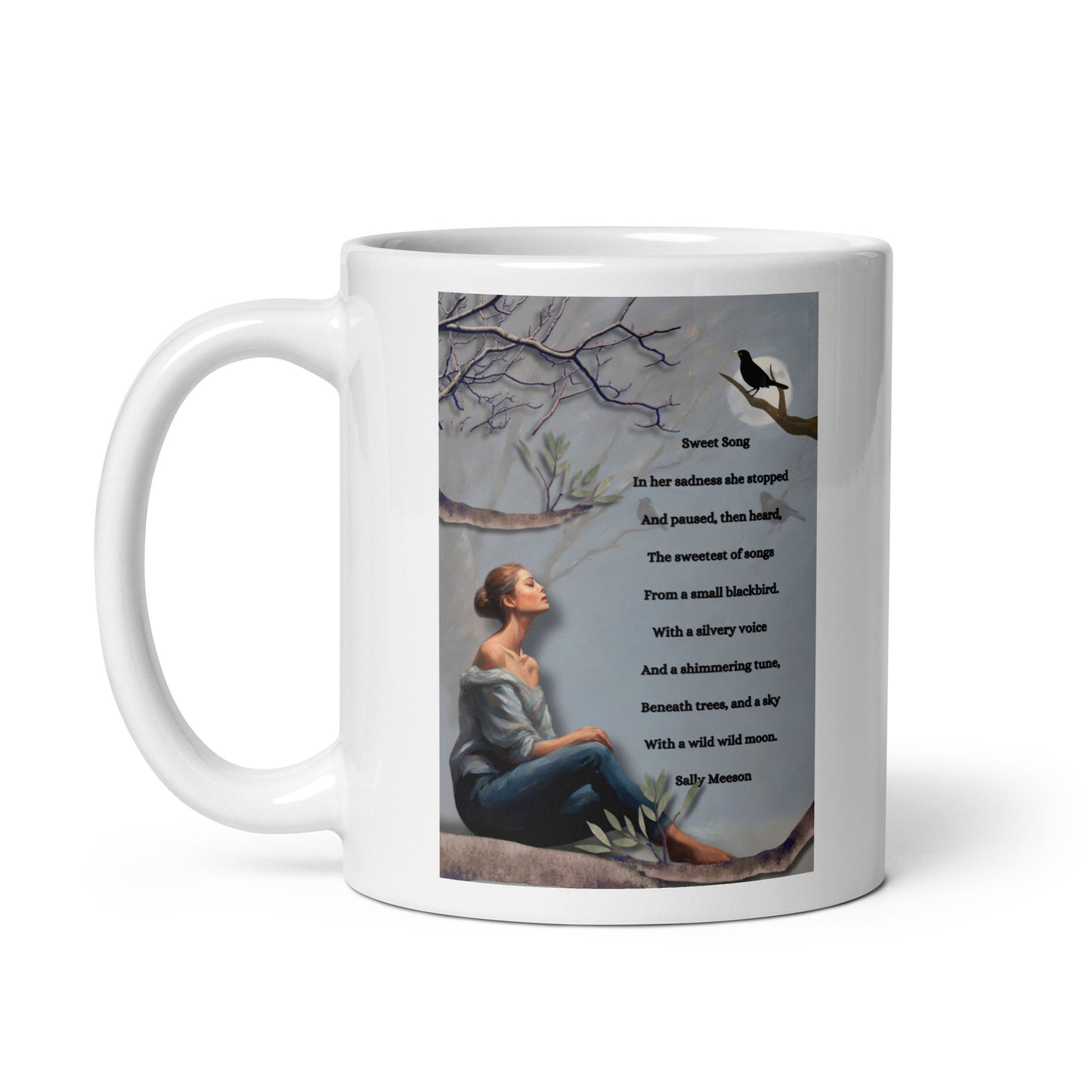 'Sweet Song' white glossy mug with impressionist oil style artwork and original poem by writer Sally Meeson