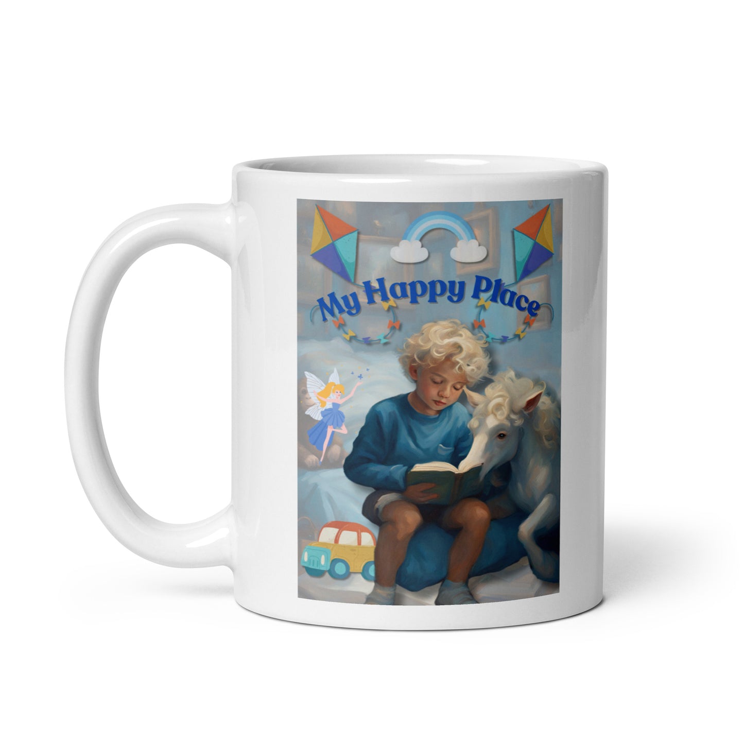 'My Happy Place' child's white glossy mug with blue impressionist oil style artwork