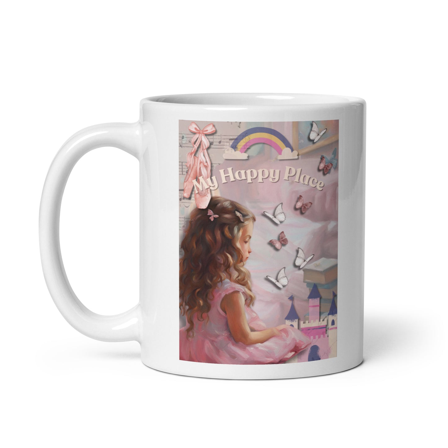 'My Happy Place' white glossy mug with pink impressionist oil style artwork