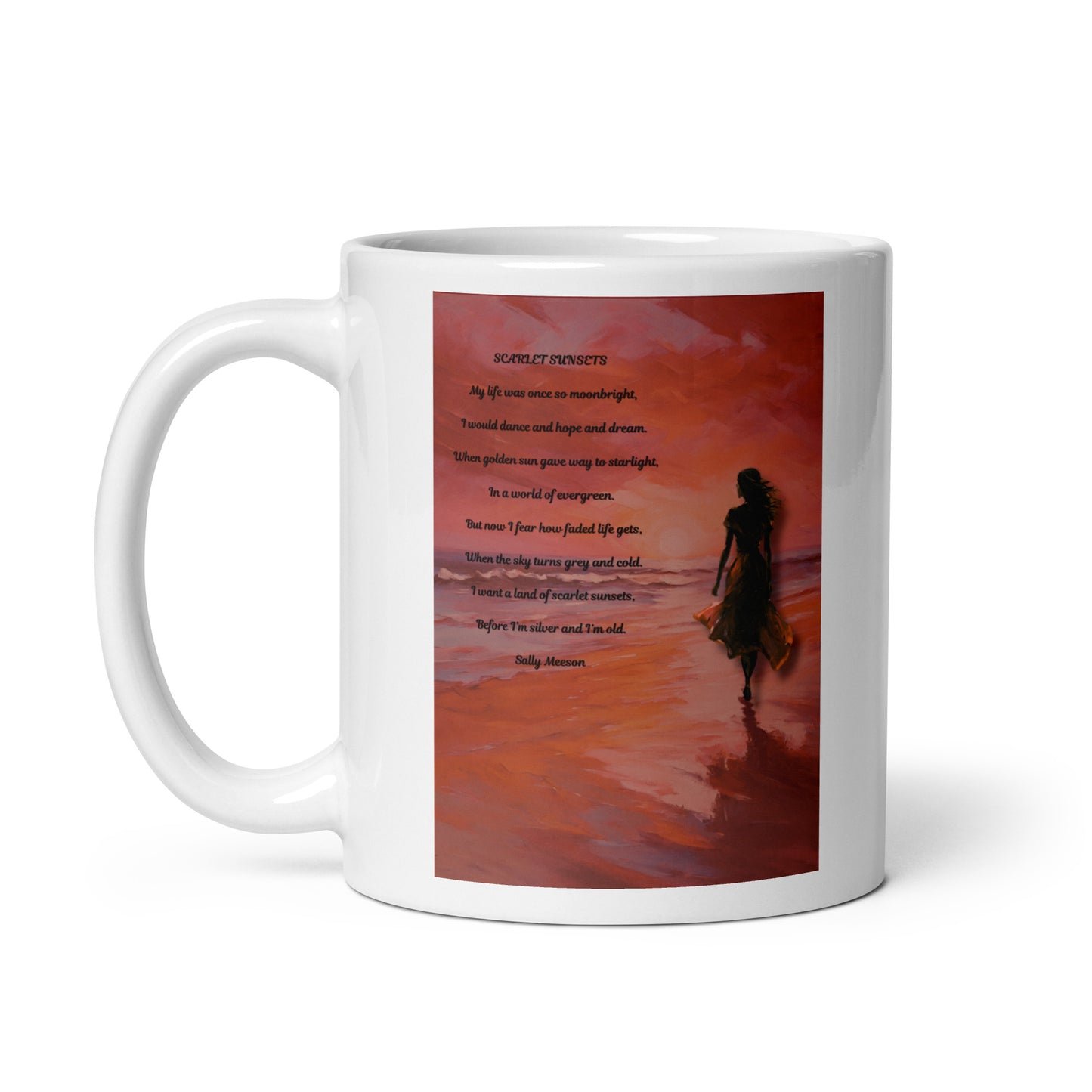 'Scarlet Sunsets' white glossy mug with impressionist style artwork and original poem by writer Sally Meeson