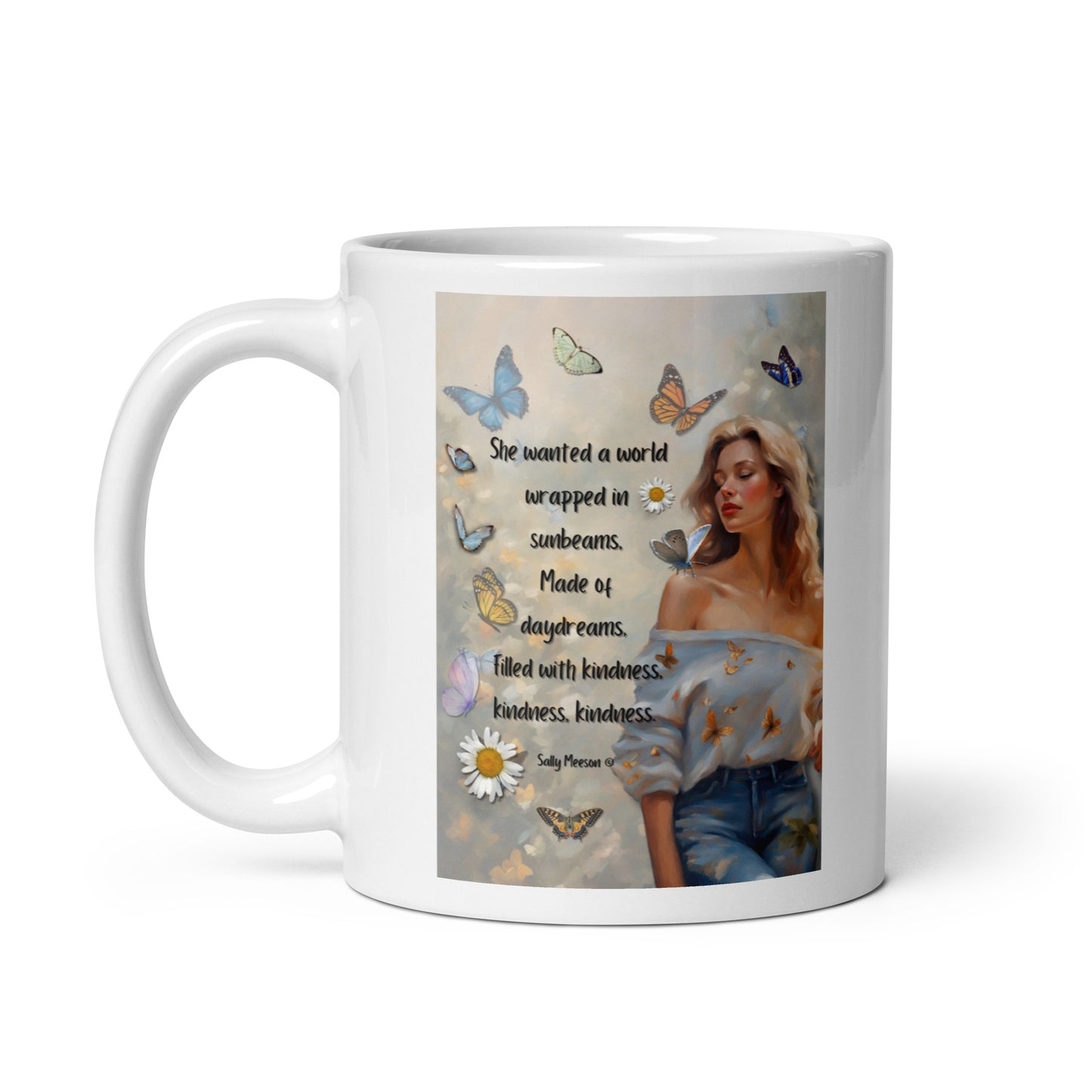 'Kindness' white glossy mug with impressionist oil style artwork and quote by writer Sally Meeson