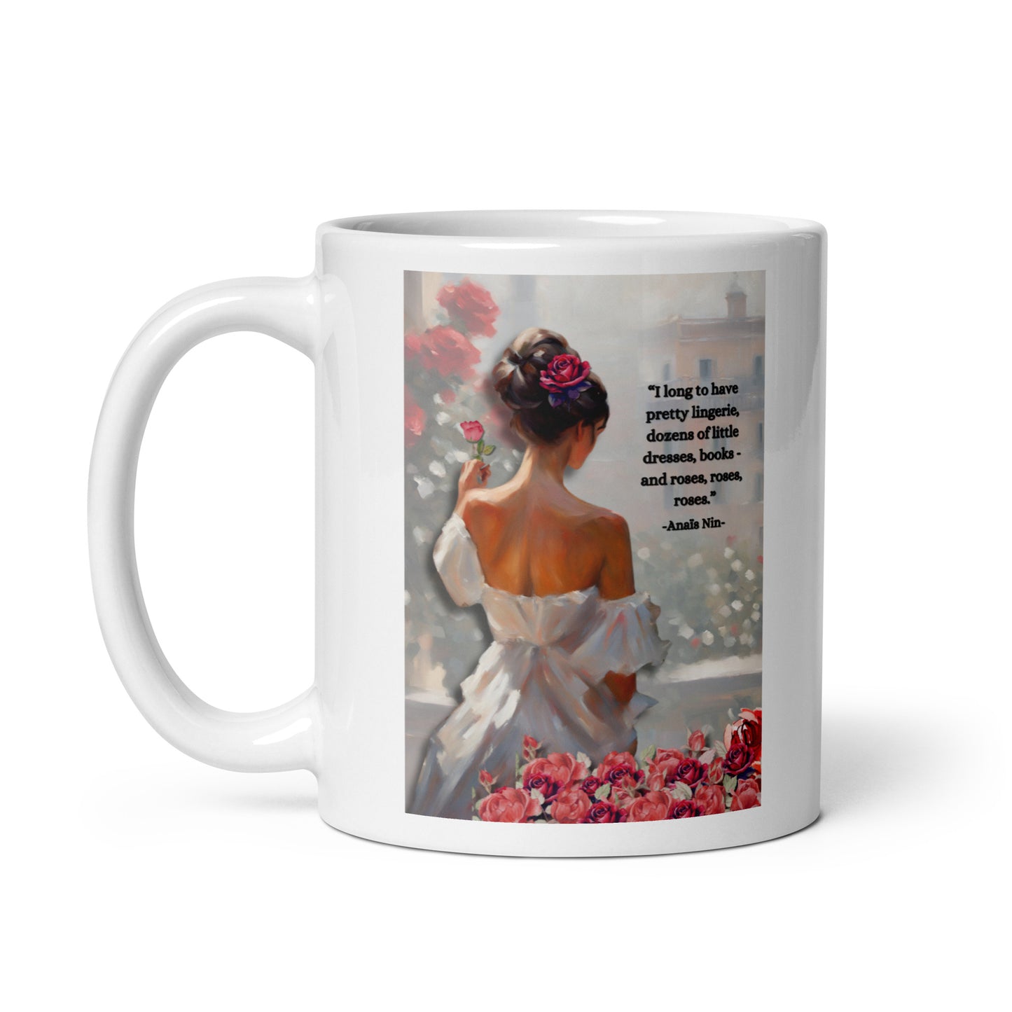 'Roses' white glossy mug with impressionist style artwork and quote by diarist Anaïs Nin