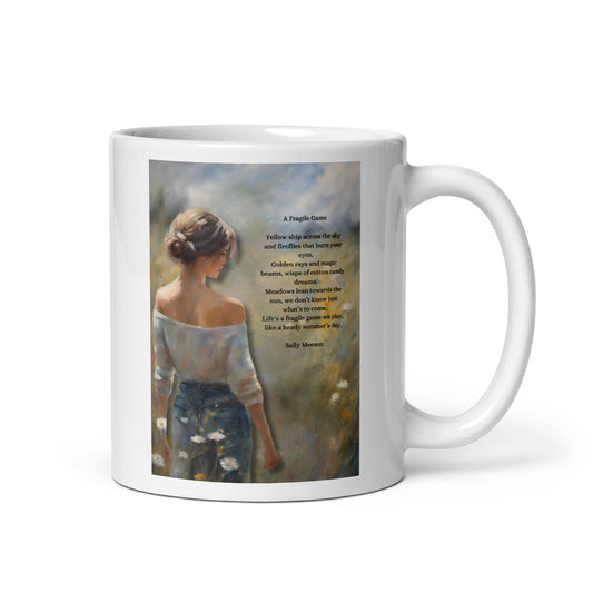 'A Fragile Game' white glossy mug with impressionist style artwork and original poem by writer Sally Meeson