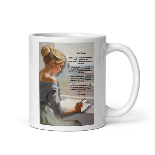 'So I Wrote' white glossy mug with impressionist style artwork and original poem by writer Sally Meeson