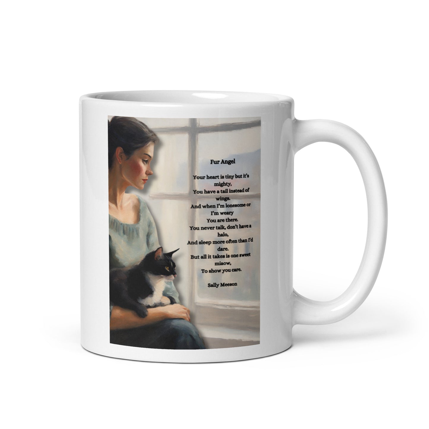 'Fur Angel' white glossy mug with impressionist oil style artwork and original poem by writer Sally Meeson